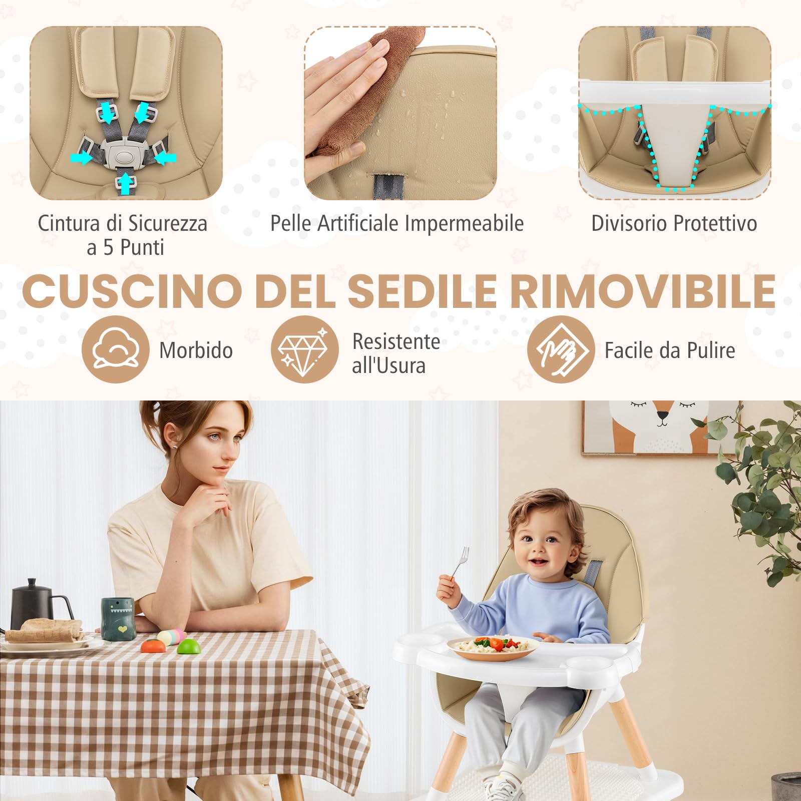 RELAX4LIFE 4 in 1 Seggiolone Pappa, Seggiolone Evolutivo con Vassoio Rimovibile e Cintura di Sicurezza, Altezza Regolabile in 4 Posizioni, per Bambini e Neonati 6-36 Mesi (Standard, Beige)