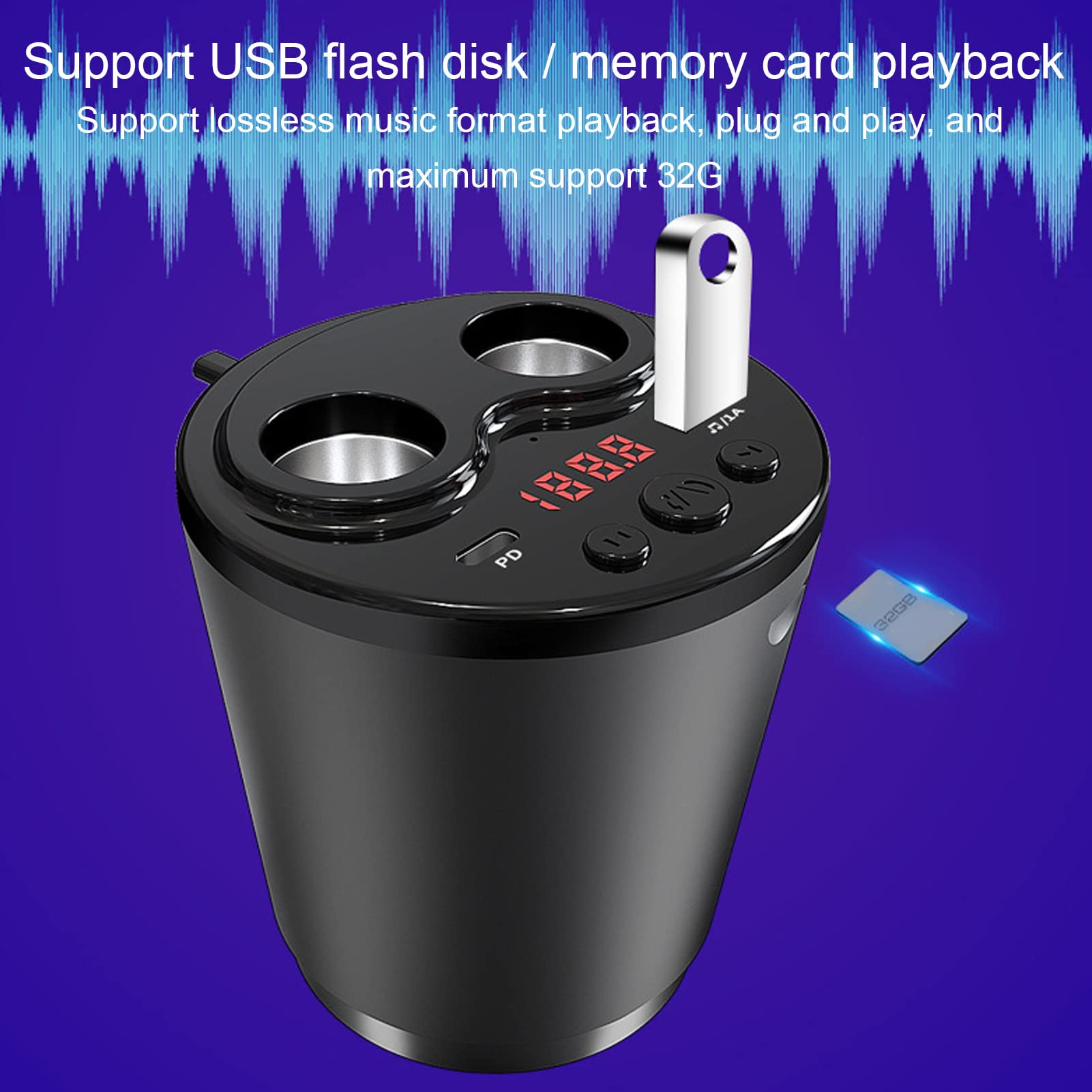 Splitter Accendisigari Doppio USB per Caricabatteria da Auto, Adattatore per Accendisigari Bluetooth a 2 Prese da 100 W, Supporto Radio FM, Disco U, Chiamate in Vivavoce, 12‑24 V(Con telecomando)