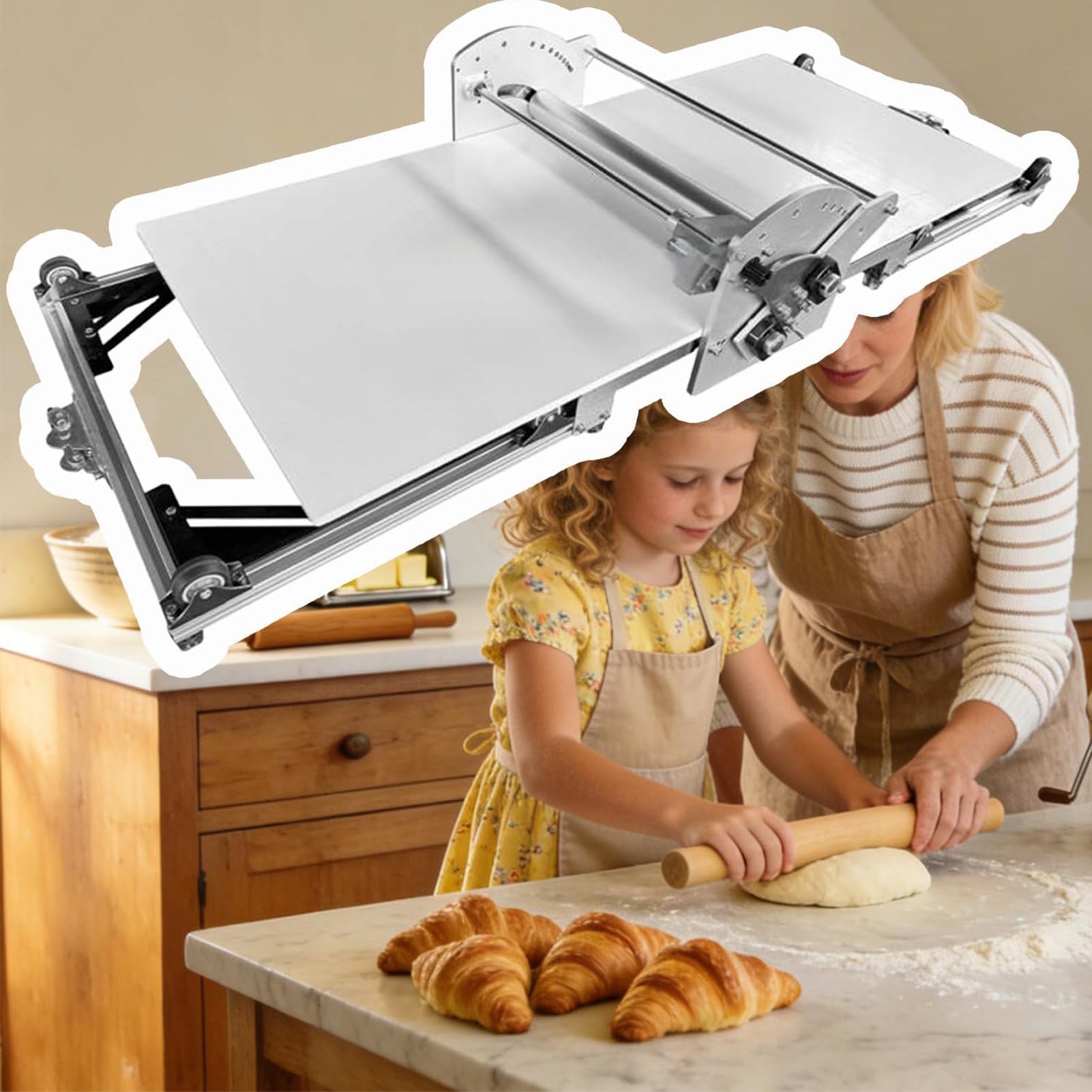 JIMINHUIXIN Stainless Steel Electric Dough Sheeter, Time-Saving Folding Dough Rolling Machine, Adjustable 2-30mm for Cookie, Pie Crust, Croissant, Pizza, for Home Bakery Business & Small Bakeries