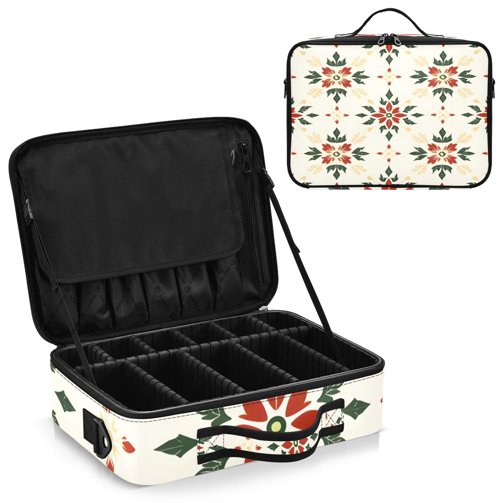 zyrtty Travel Makeup Train Case Festive Flowers Pattern Cosmetic Organizer Portable Storage Bag with Adjustable Dividers for Cosmetics Brushes Toiletry Jewelry Digital Accessories