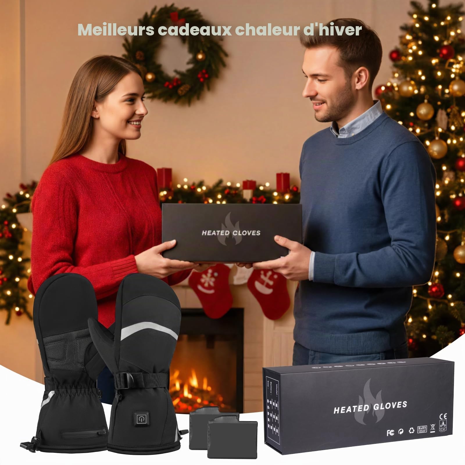 Gants Chauffants avec Écran Tactile, 3000 mAh Gant Chauffant Rechargeables Isolants d'hiver pour Femmes et Hommes, 3 Températures, Imperméables, Antidérapants, C