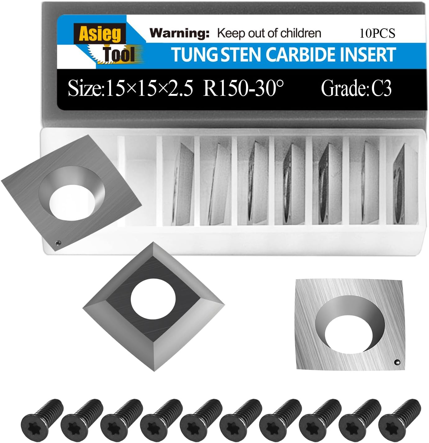 15mm Square Tungsten Carbide Replacement Cutter Inserts Knives 15 x 15 x 2.5mm-4 Edges with 6" Face Radius fit for Woodworking Helical Planer Head and CNC or DIY Wood Lathe Turning Rougher Tools 10pcs