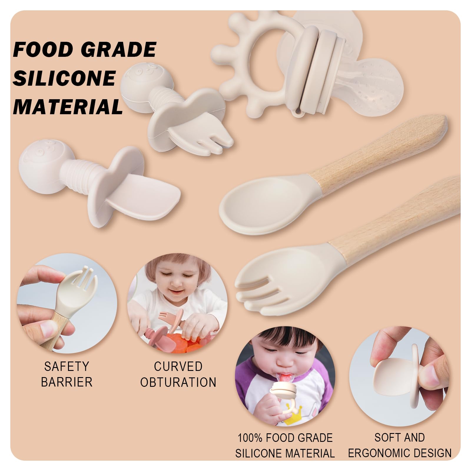 10 Pièces Coffret Repas Bebe Silicone, Assiette bebe Set Vaisselle Assiette ventouse pour bébé, Bavoir Silicone Bebe, fourchettes, Enfant Set Couverts Vaisselle Pour Sevrage Manger (Beige)