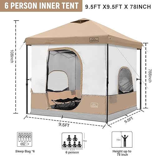 Miniatura 3 de KAMPKEEPER Tienda de campaña para 6 personas, tienda de campaña desplegable de 10 x 10 pies con tienda interior de campamento, convierte el toldo de