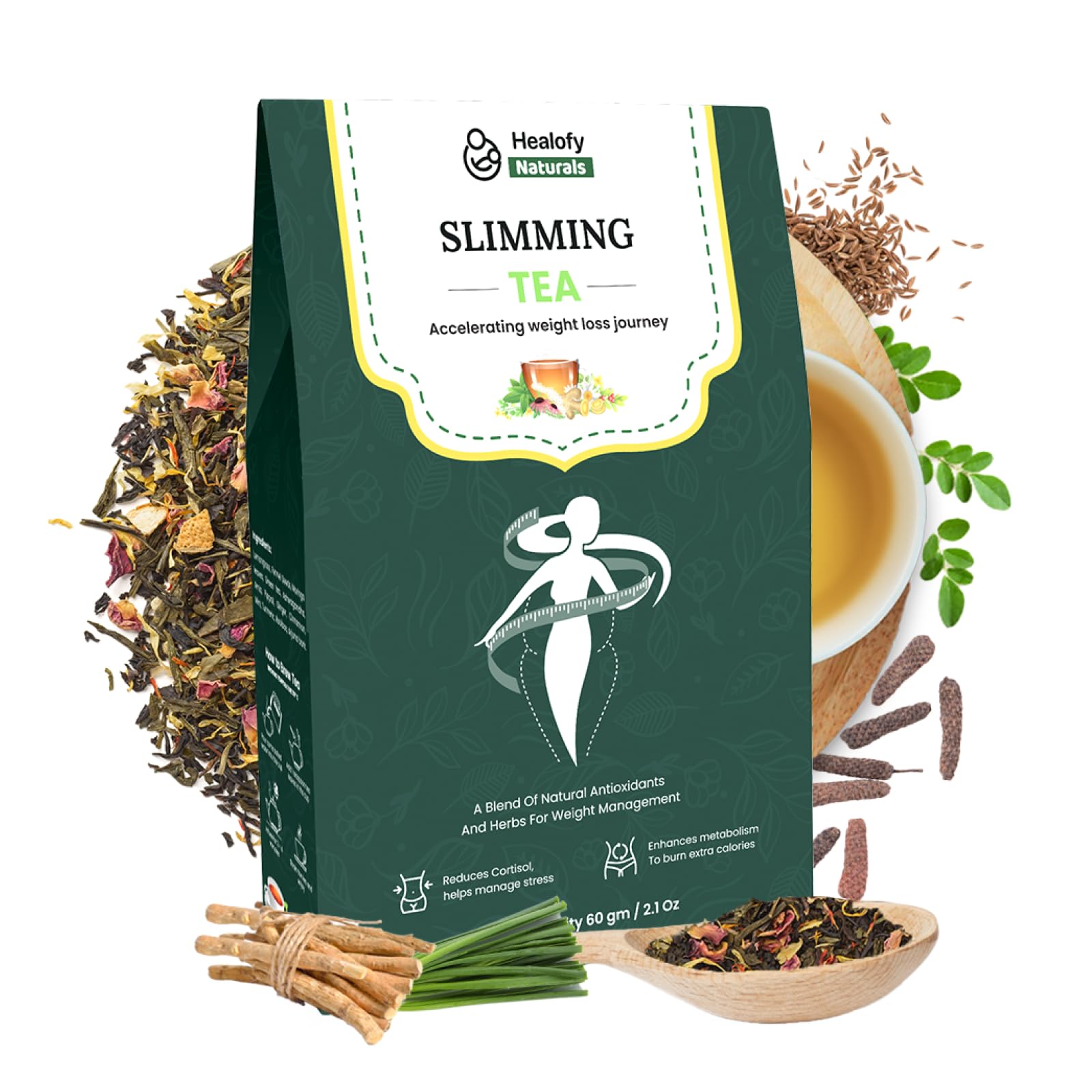 Slimming Tea, Natural Fat Burn Formula, Visible Weight Loss in 30 Days, With Pippali and Ashwagandha, Boosts Energy and Immunity, Detox Herbal Tea, No Added Sugar, 60 Grams, Pack of 1