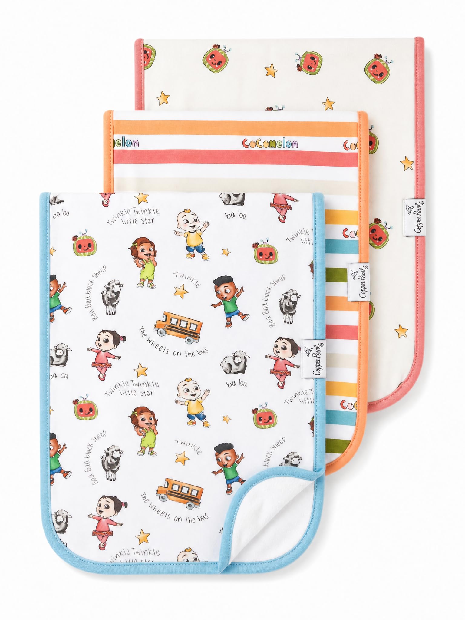 Copper Pearl Premium Baby Burp Cloths - 3-Pack Large Cotton Burp Cloths, Extra Soft Spit Up Rags with 3 Absorbent Layers, Perfect for Baby Boy &amp; Baby Girl Gifts (21" x 10" Size, CoComelon Friends Set)