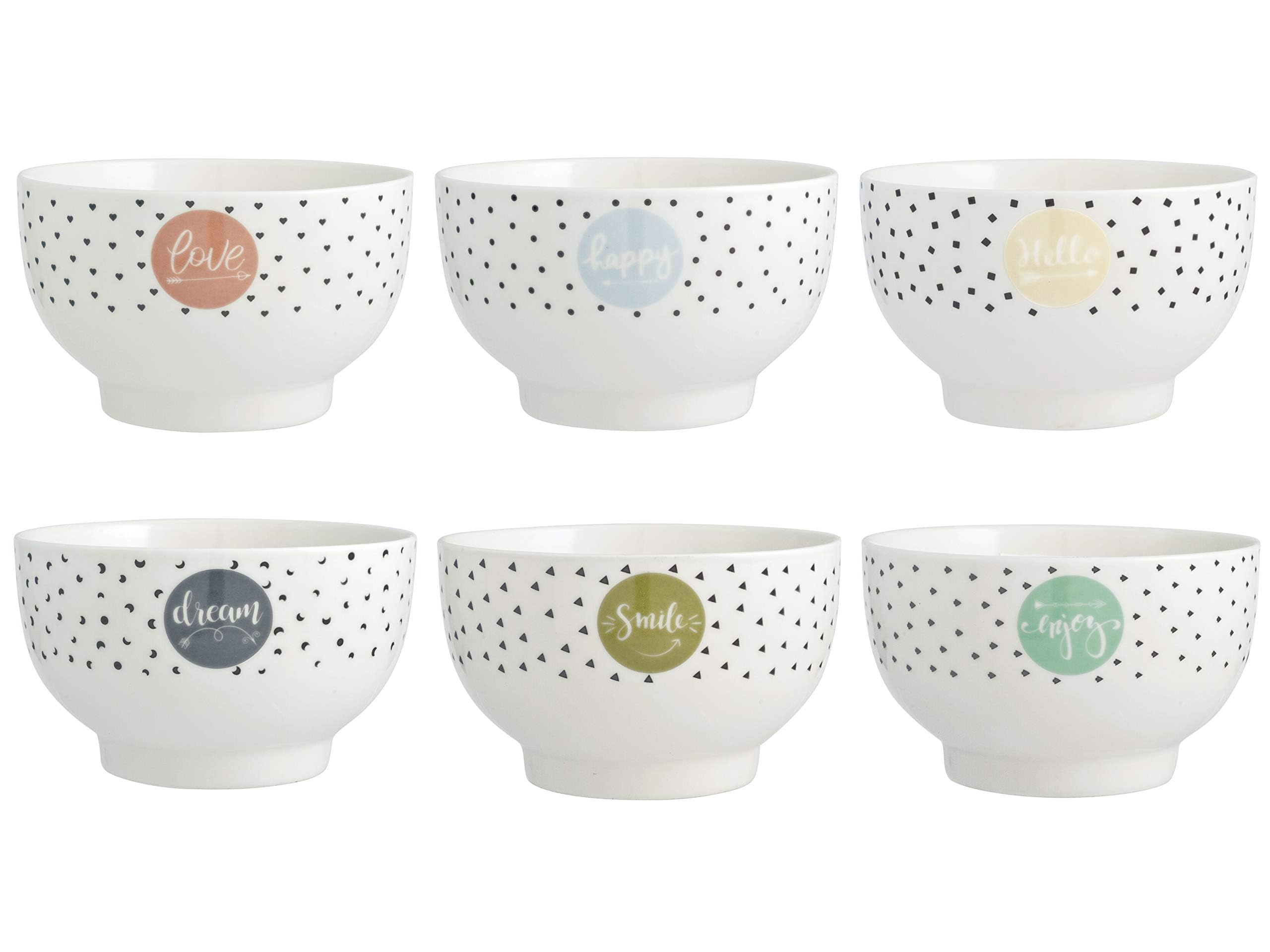 H&H Enjoy Set 6 Scodelle, Porcellana, Multicolore, 550 ml