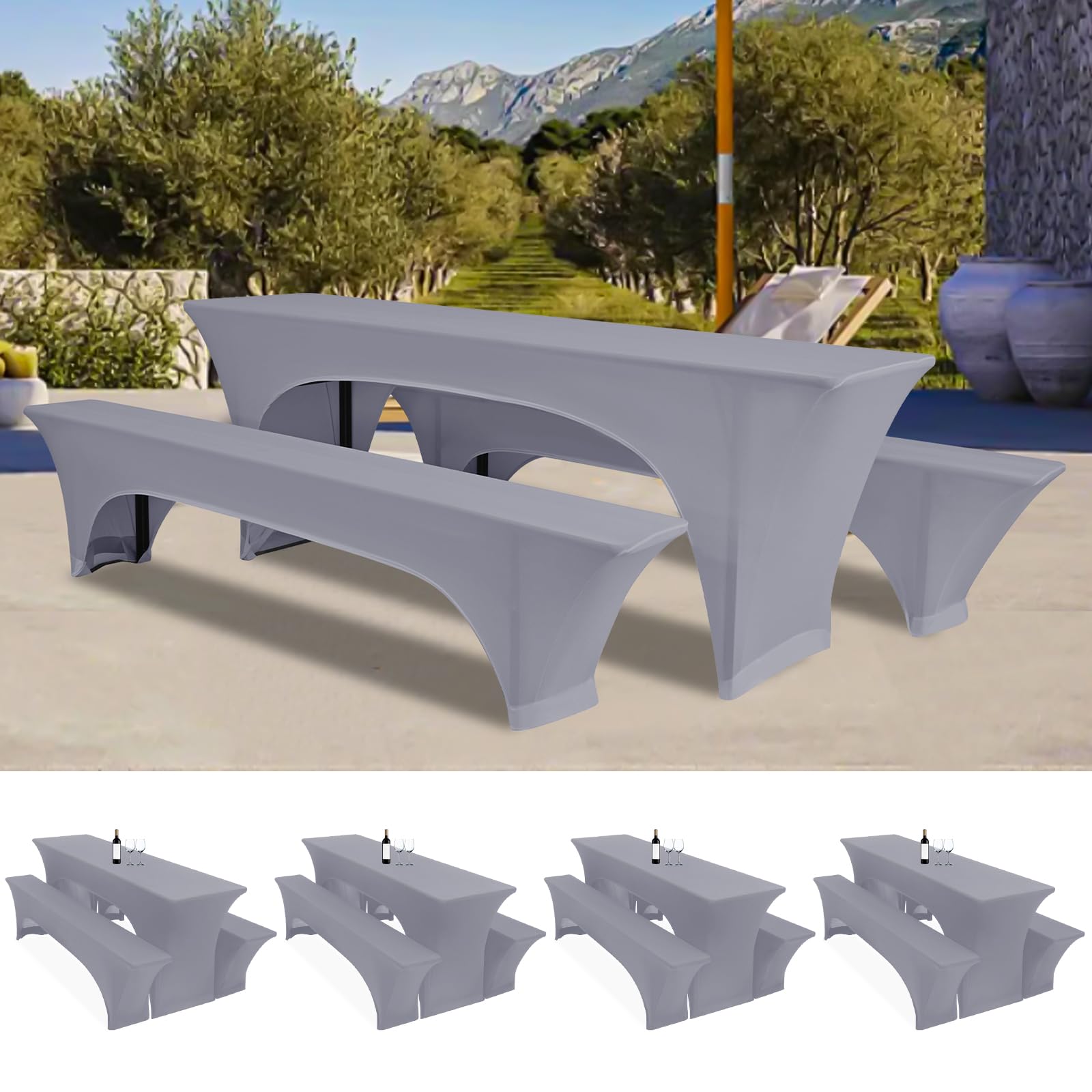 Vier 3er-Set Biertischhussen 220 x 50 x 70cm, hussen bierzeltgarnitur, hellgrau, Stretch-Bezüge für Biertisch-und Bankgarnituren, Bierbankhussen, Spandex-Bierzeltgarnitur für Bankett