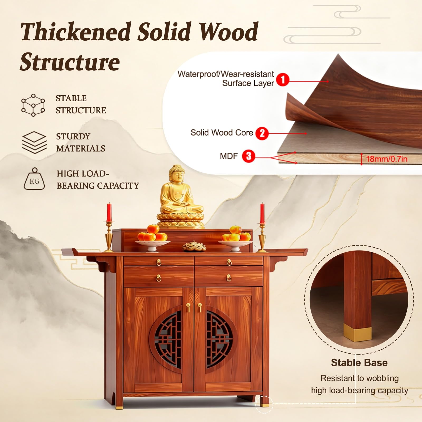 Massiver Holz-Altartisch mit Aufbewahrung, Meditationstisch und Pooja-Schrank für den Heimgebrauch, langlebiges Design, ideal für spirituelle Praktiken, 128 cm / 50.4in