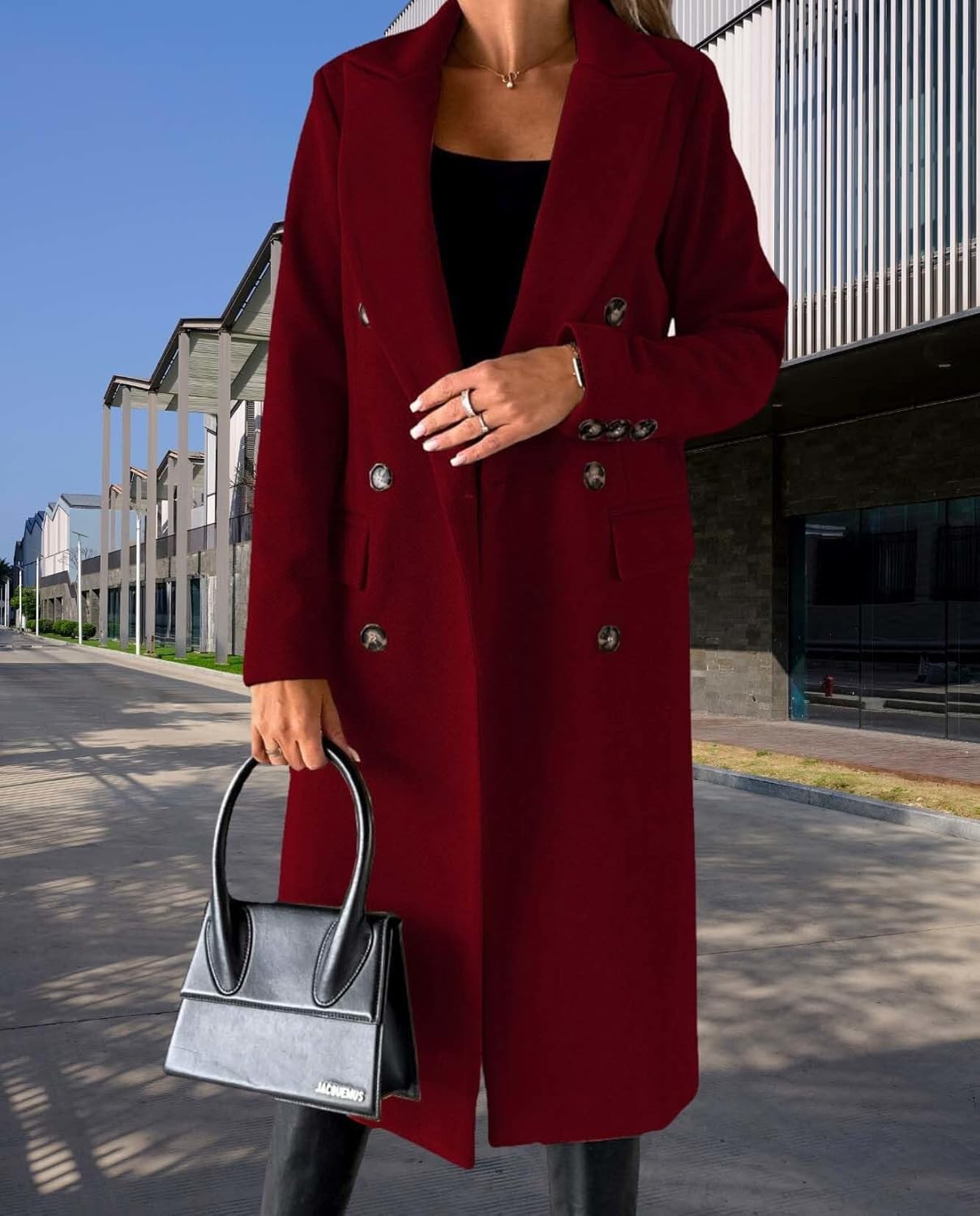 Womens Solid Color Double Breasted Medium Length Slim Coat Winter Casual Lapel Wool Jacket Coat - Image 4