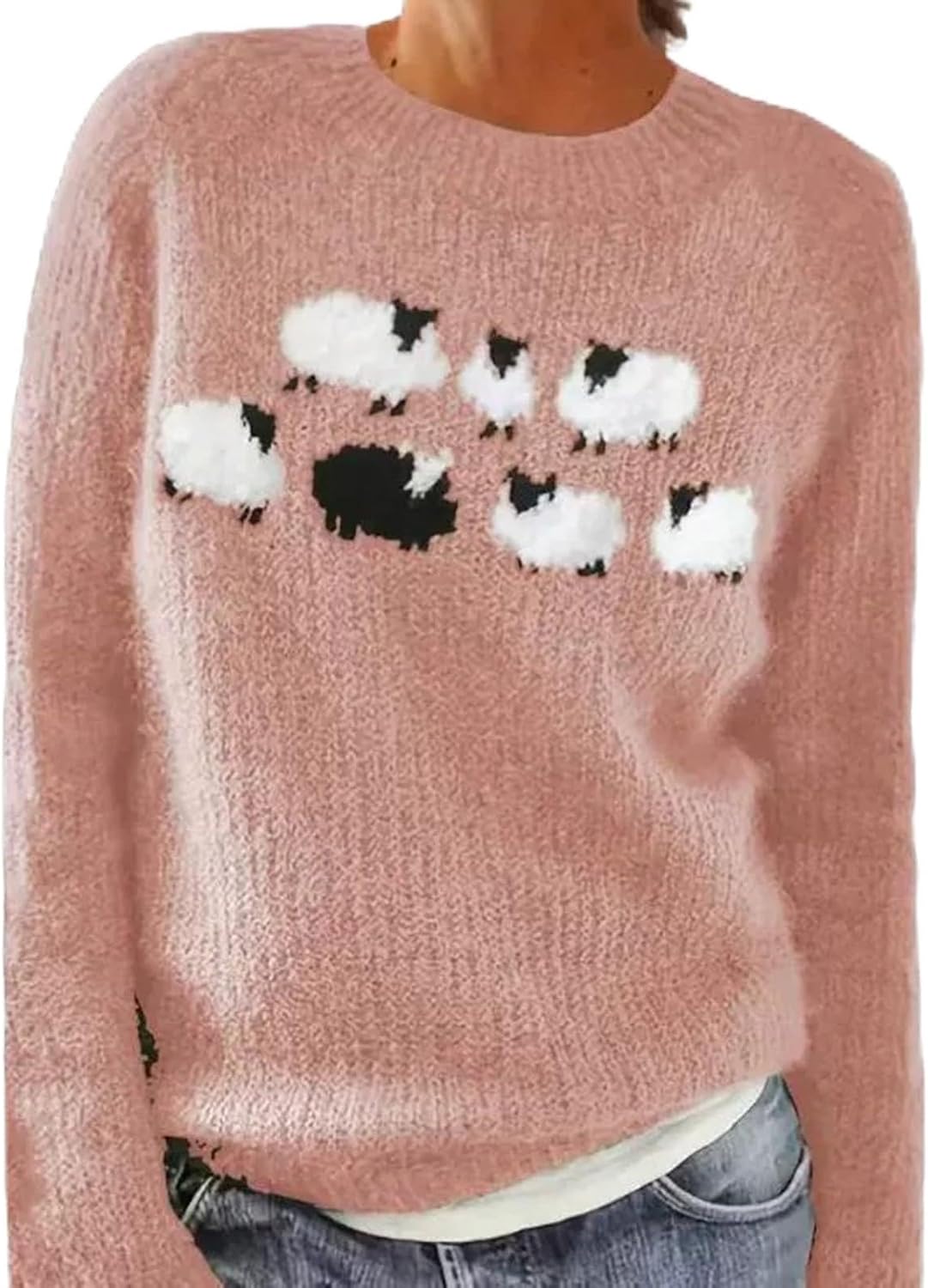 Women Knitted Fair Isle Print Retro Sweater Casual Loose Crewneck Long Sleeve Lightweight Cropped Pullover Tops 2026
