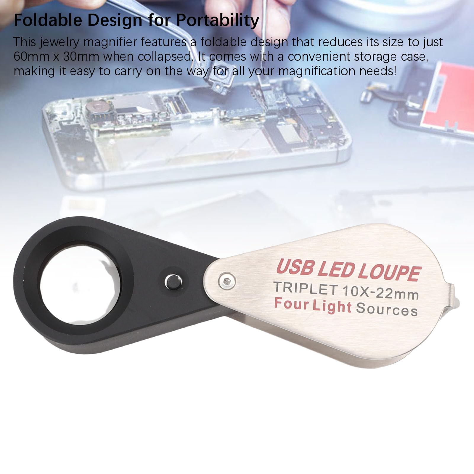 SEAFRONT 10x -Vergrößerungsfaltable LED -Taschenlupe mit 4 Lichtmodi USB Wiederaufladbare Vergrößerung Glas Compact 60x30 Mm für den Lesungsinspektion Schmuck
