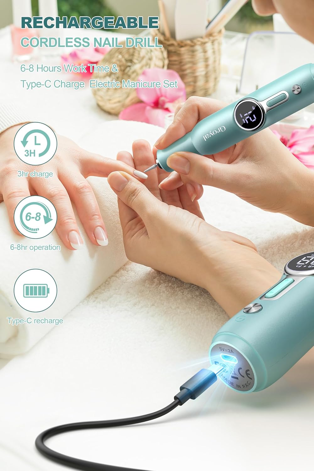 Cordless Electric Nail Drill Machine Professional for Acrylic Gel Nails, E-File for Manicure and Pedicure for Foot Portable Manicure Tool with Storage Bag