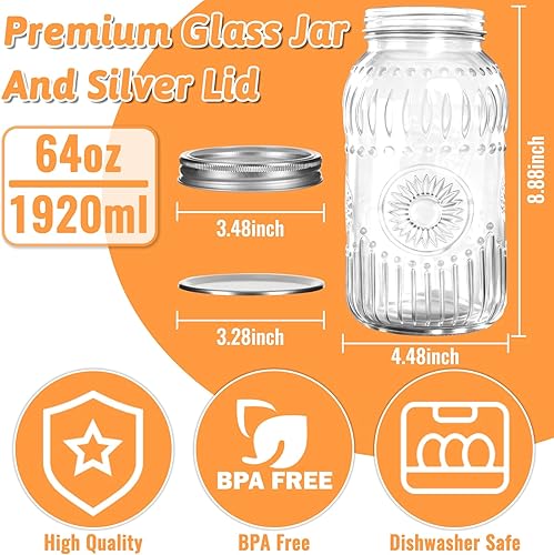 Miniatura 3 de Tarros de vidrio de 64 onzas de boca ancha con tapas herméticas y bandas, paquete de 3 con diseño de girasol, tarros grandes de medio galón para