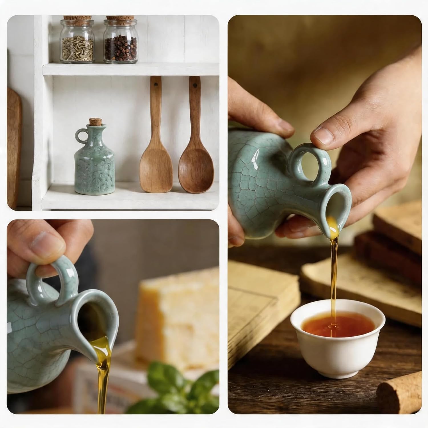 Ceramic Olive Oil Dispenser Bottle,400ML Small Leak Proof Olive Oil Bottle Dispenser for Kitchen Counter, Cooking Salad Dressing（Green reactive glaze）