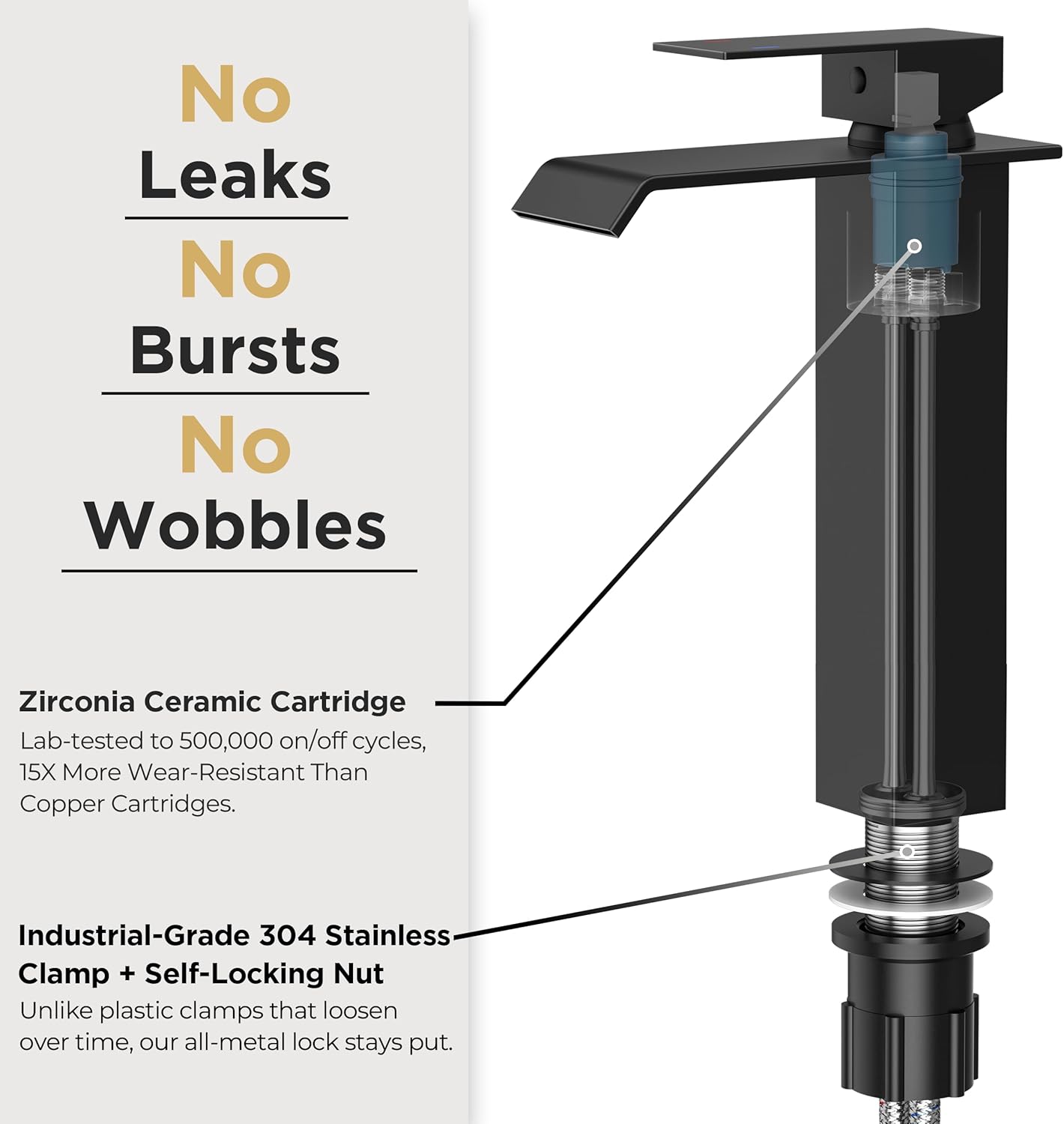 FORIOUS Matte Black Vessel Bathroom Sink Faucets 1 Hole, Tall Waterfall Bathroom Faucet Single Handle with Pop Up Drain and Supply Lines, Deck Mount