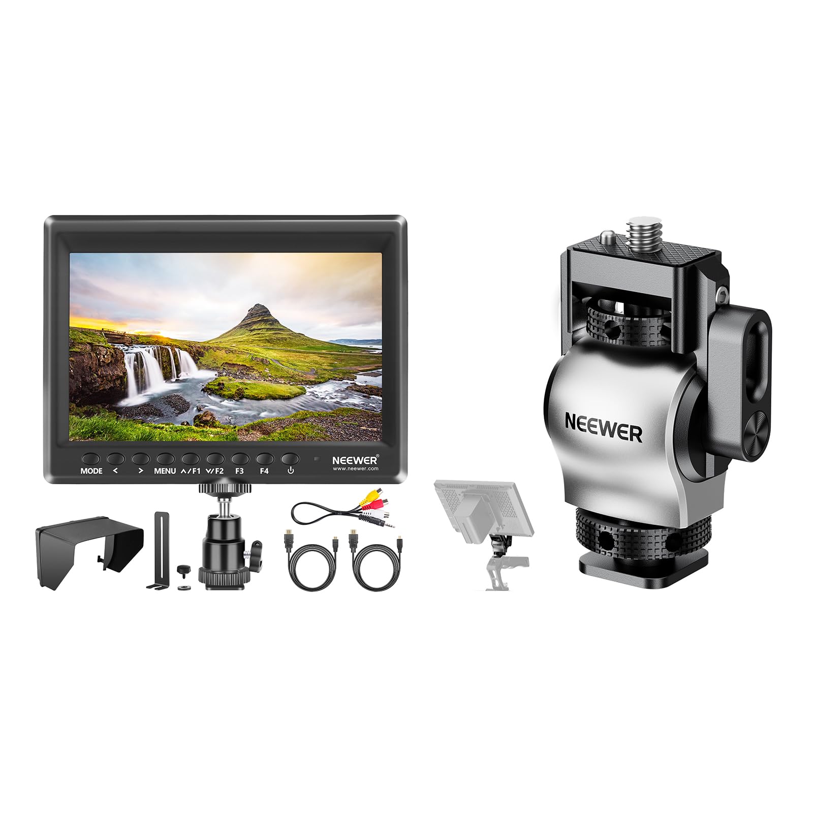 Neewer F100 7inch Camera Field Monitor HD Video Assist IPS 1280x800 HDMI Input 1080p with Sunshade and Ball Head for DSLR Cameras, Color Blocking Monitor Mount with Cold Shoe Included