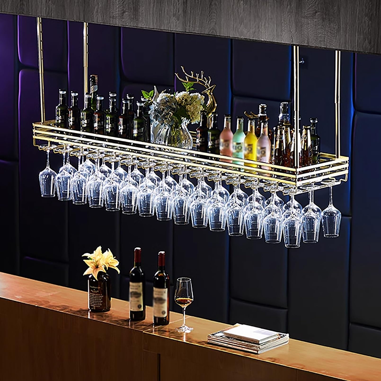 Casier à vin étagère plafond suspendue porte-bouteille métal et verres