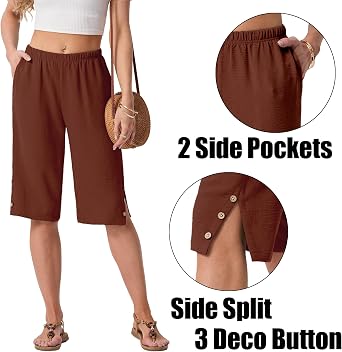 IWOLLENCE Women's Casual Summer Bermuda Shorts Side Split Button Deco Knee Length Long Shorts with Pockets