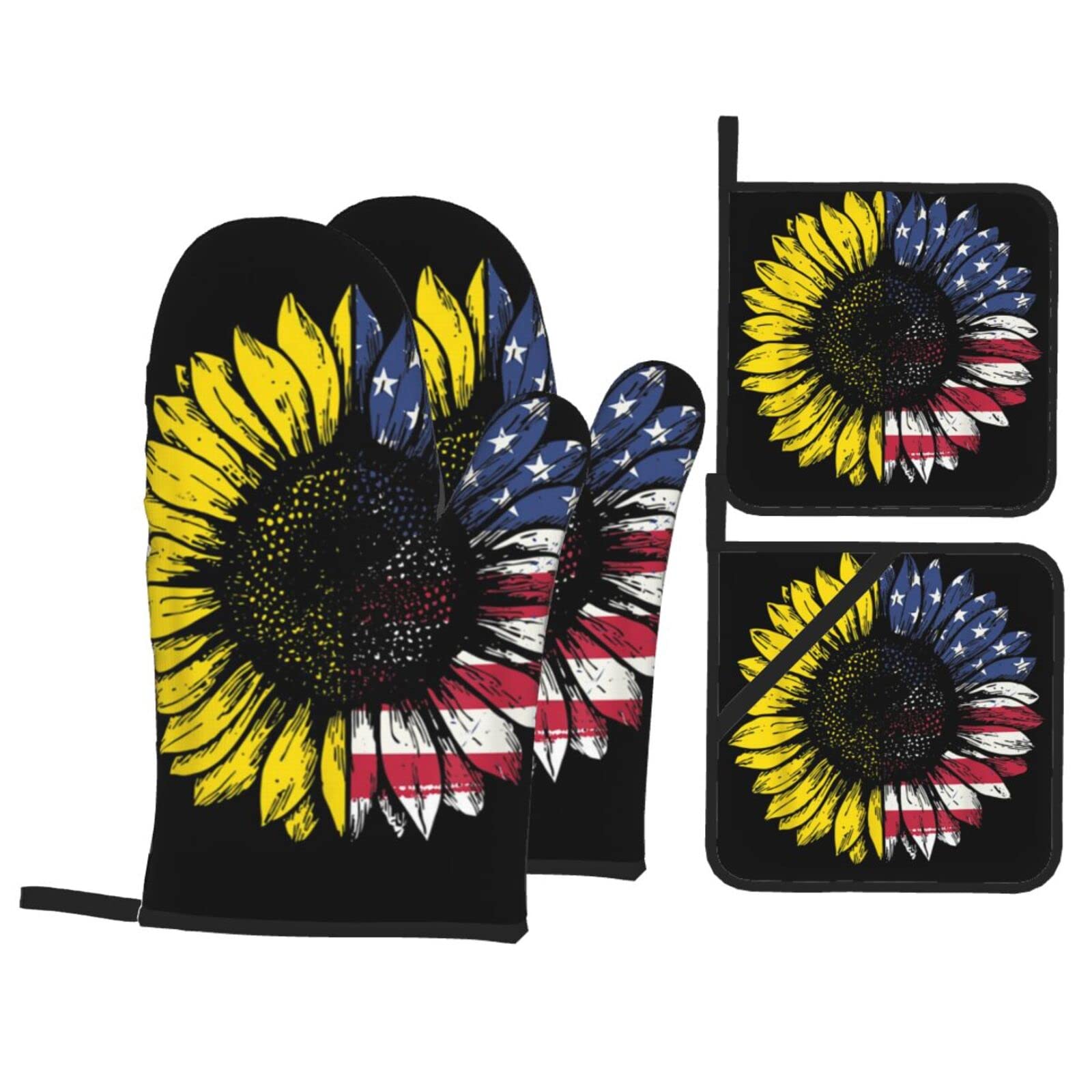 Sunflower American Flag Oven Mitt and Pot Holder 4-Piece Set for Kitchen, Outdoor Grill, Baking