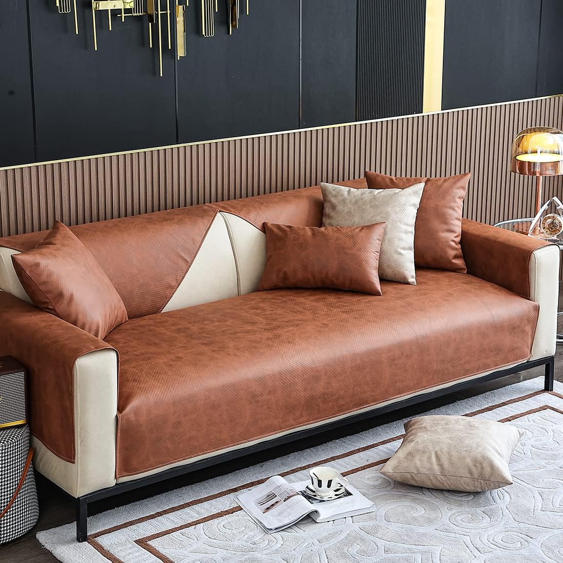 vctops Vintage Leather Look Sofa Cover Water Resistant Non-Slip Sectional Couch Cover Sofa Slipcover for Dogs, Children, Pets Furniture Protector (Coffee,36"x82")