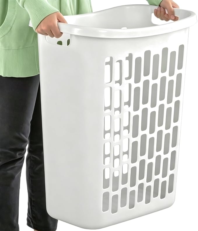 60L Plastic Laundry Hamper, White, Slim Tall Rectangular, Ventilated Clothes Basket with Handles, for Narrow Spaces, Bathroom, Dorm, and Apartments
