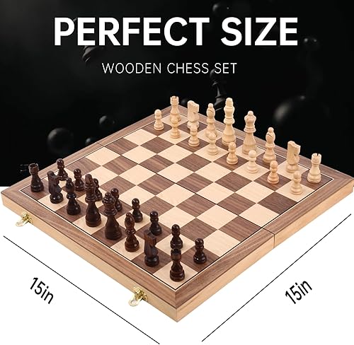 Miniatura 2 de Juego de ajedrez de madera de 15 pulgadas, tablero de juego clásico hecho a mano para adultos con piezas extra Queen y caja de almacenamiento, ideal