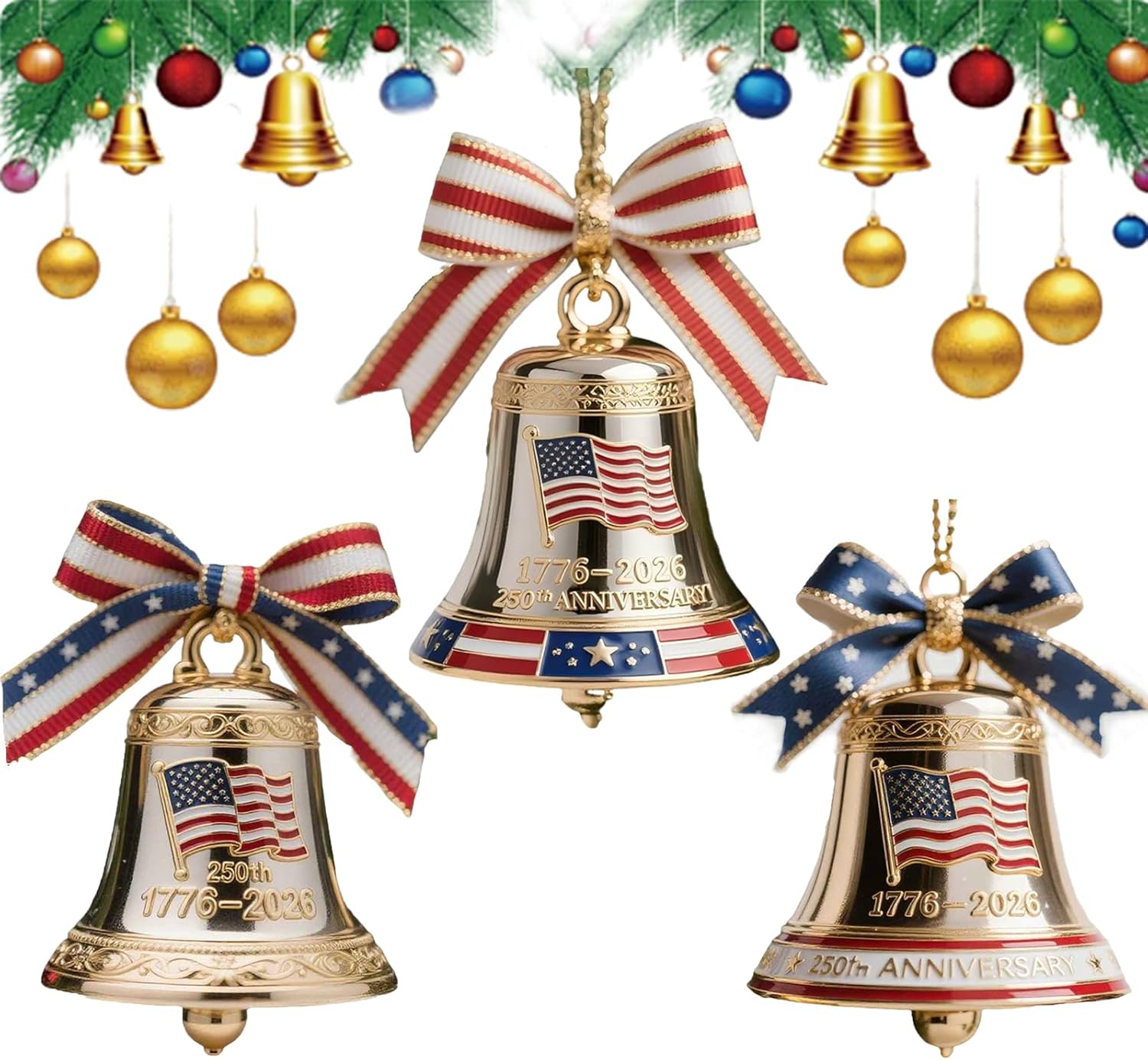 United States 250th Anniversary Bell Ornament - Handmade Metal Enamel Crafted Commemorative Hanging Decor for Patriotic Christmas Tree, Collectors Gift, Outdoor Garden Fence Patio Decor (3pc/01)