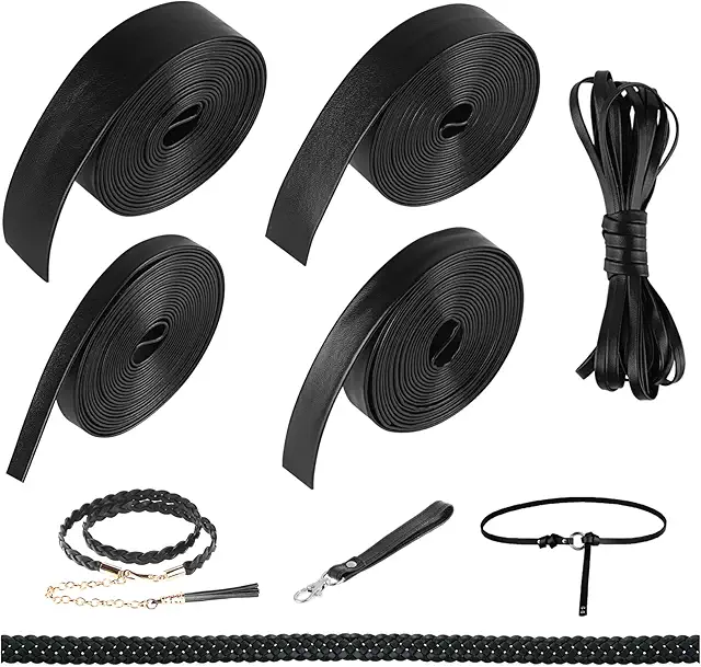 5 Rouleaux Sangle Cuir Noir 3m - Largeurs 5-25mm pour Bricolage et Colliers Animaux