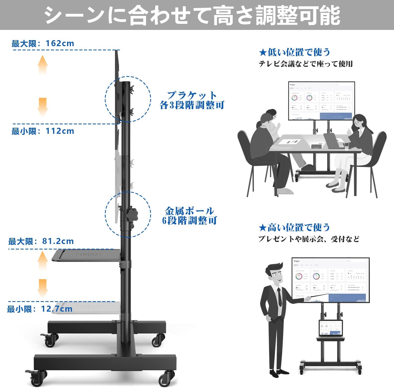 Rfiver テレビスタンドキャスター付き tvスタンド 二重支柱設計 32~75インチ対応 高さ調節可能 テレビスタンド ハイタイプ 棚付き 移動式 耐荷重40 kg VESA600X400 mmまで 省スペース 家用・会社用・業務用 MT1005