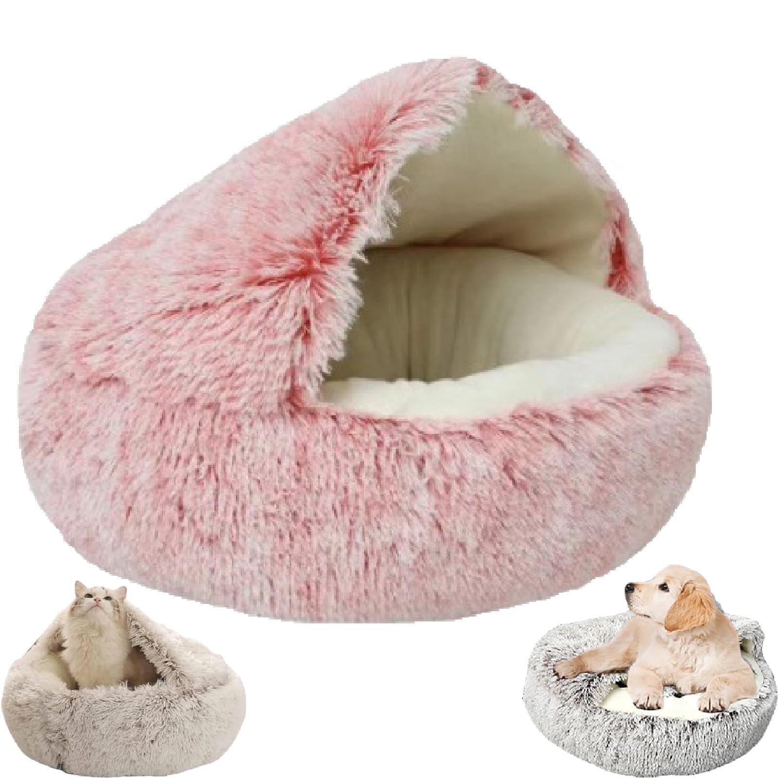 Zureto Cozy Cocoon Pet Bed for Dogs, Winter Pet Bed, Covered Dog Bed for Small Dogs, Winter Comfy Cocoon Pet Plush Bed (60 * 60 cm, Pink short plush)
