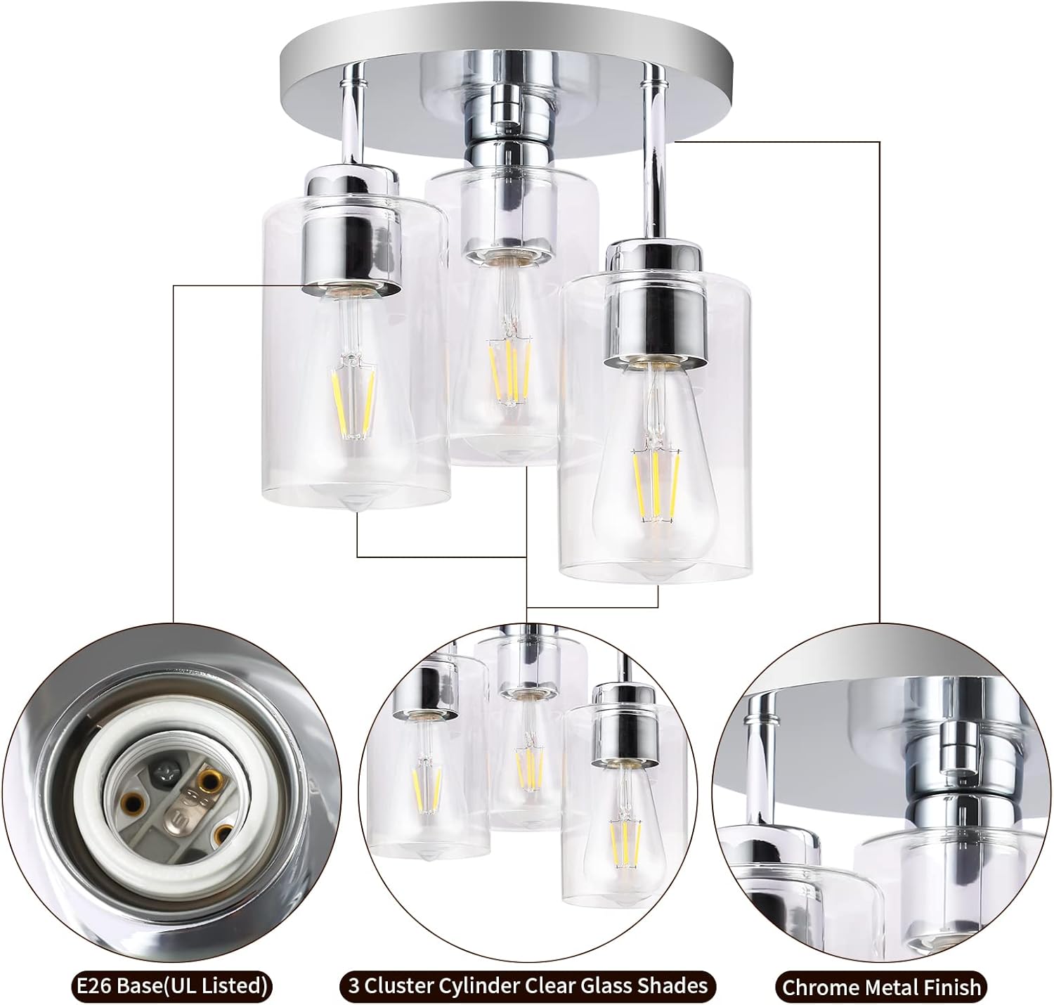 Semi Flush Mount Ceiling Light 3-Light Chrome Flush Mount Ceiling Light Fixtures with Clear Glass Shade, Modern Kitchen Ceiling Light for Bedroom Stairs Porch Hallway Entryway, E26 Socket
