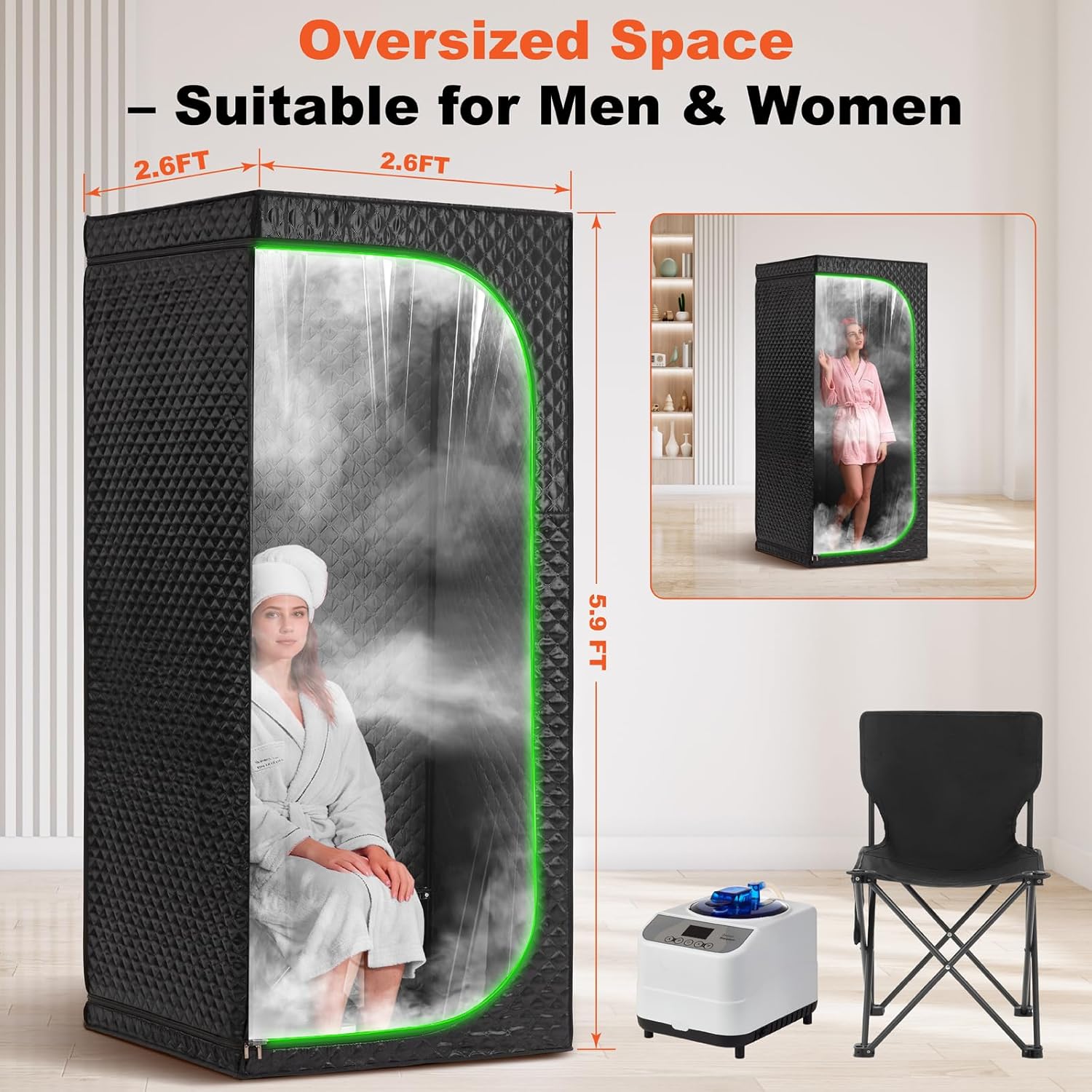 Portable Steam Sauna Tent with Clear View Door, Black, Full Size Square Sauna for Home, 3L Steamer, 9 Heat Levels