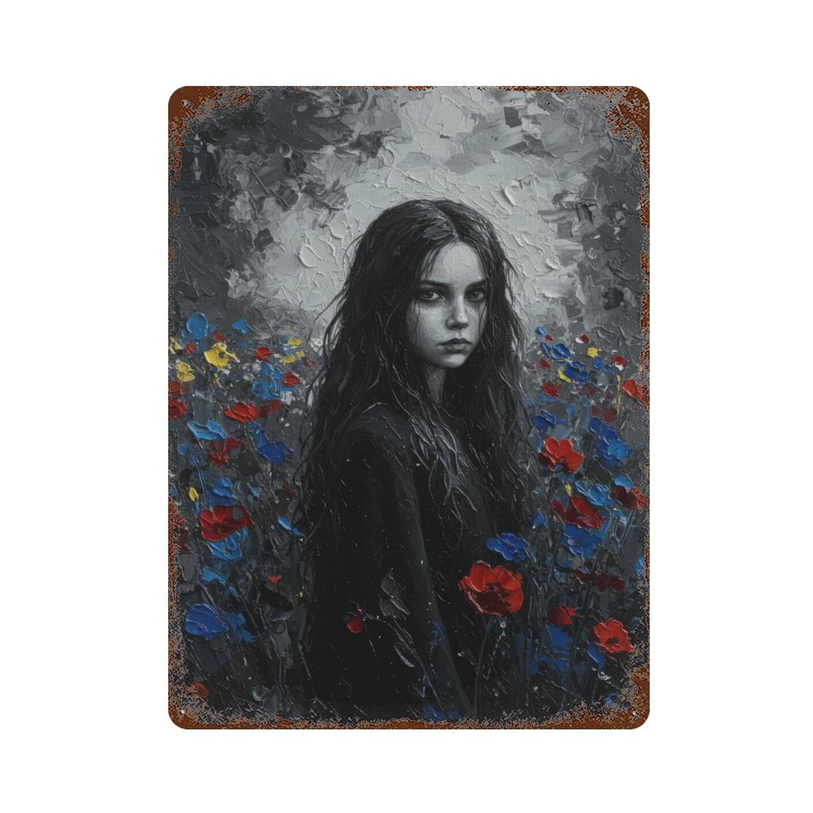 Rust Effect Girl in A Field of Flowers Vintage Rust Metal Sign 15.7"x11.8", Rustic Home Decor for Farmhouse, Kitchen And Entryway Decor