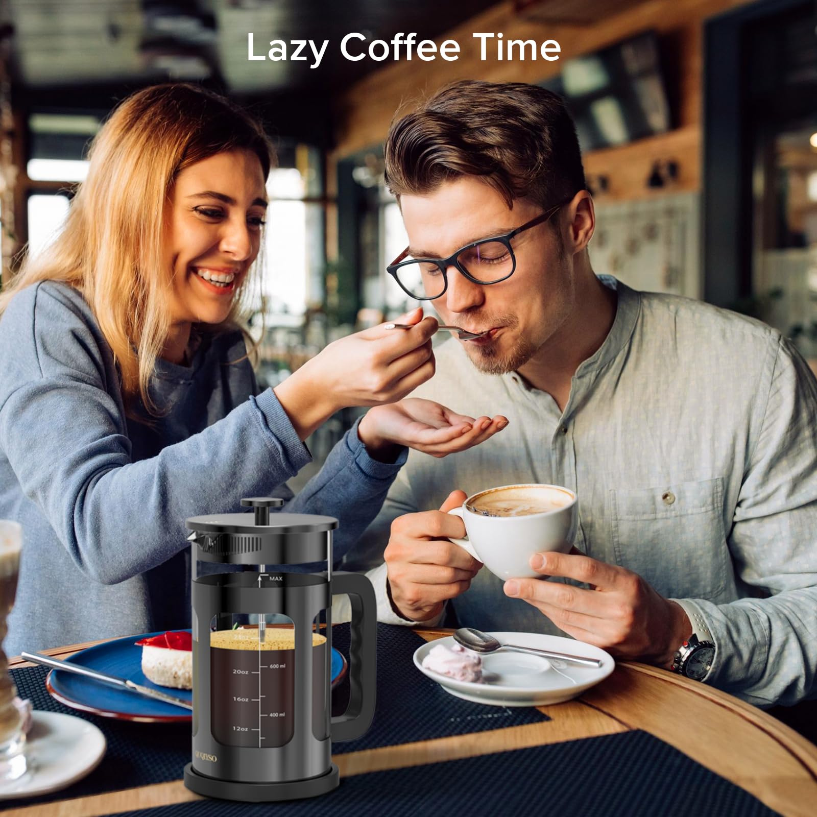 QUQIYSO Cafetera francesa de 34 onzas, prensa francesa de acero inoxidable 304 con 4 filtros, resistente al calor, duradera, fácil de limpiar, prensa de café de vidrio de borosilicato, tetera de