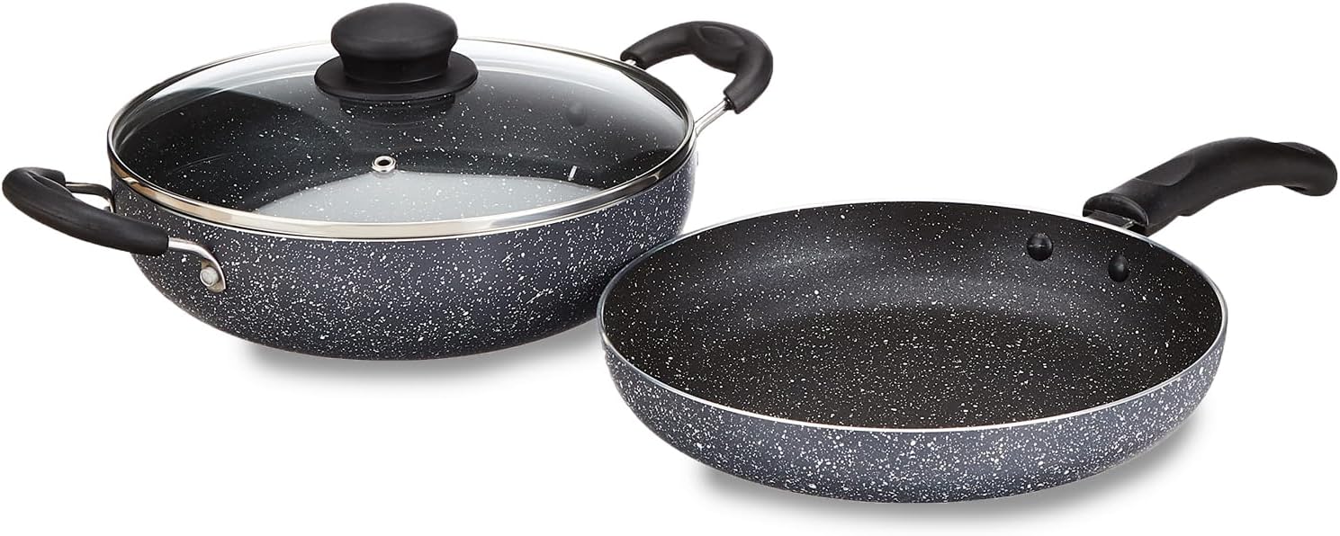 Amazon Brand - Solimo Aluminium 3 Piece Non-Stick Cookware Set|Granite Finish|Induction Base|Pfoa Free|High Temperature Resistant Exterior Coating|22 Cm Fry Pan,22 Cm Kadai,1 Glass Lid|Grey