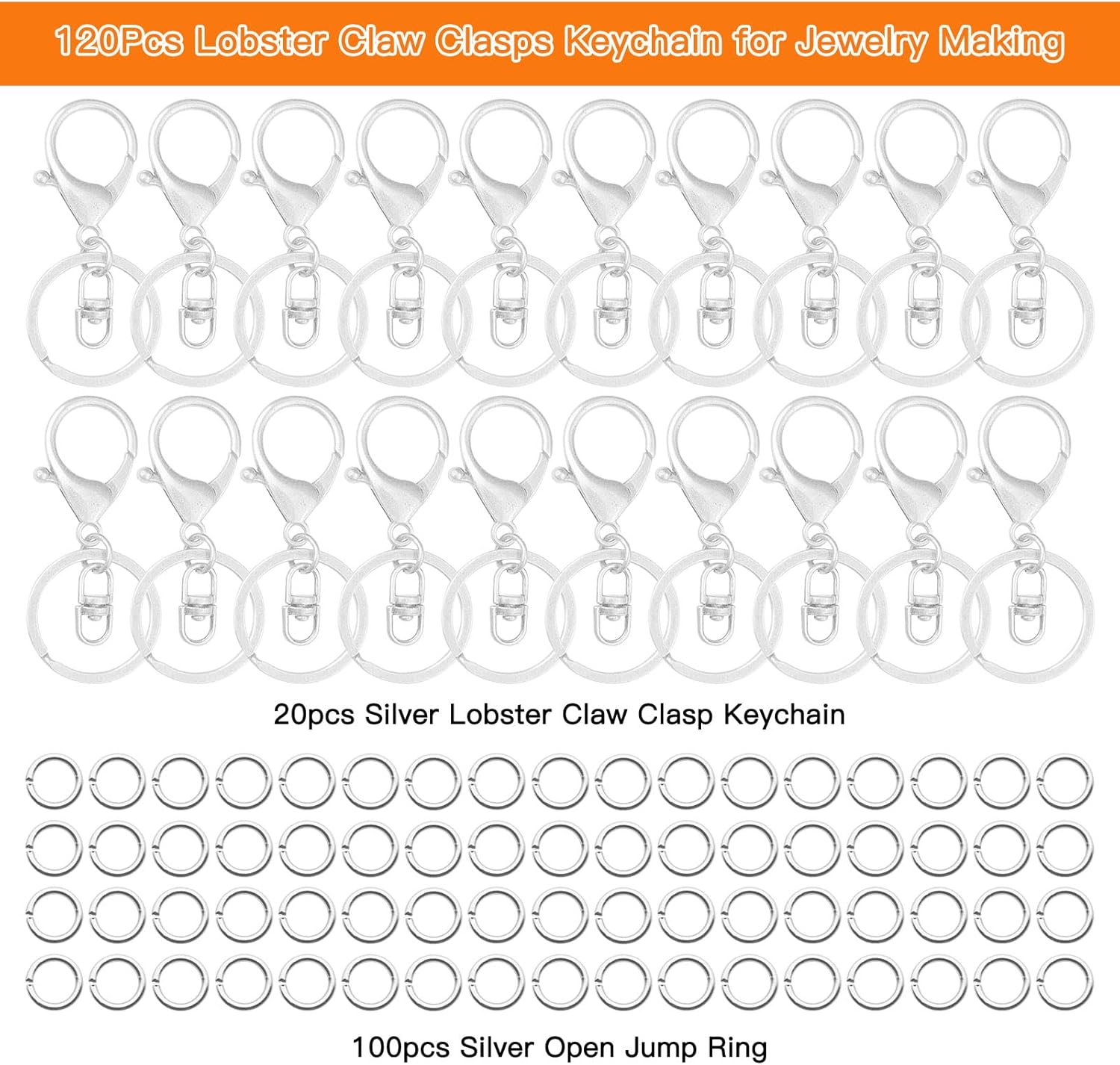 20pcs Lobster Claw Clasps Keychain for Jewelry Making,Metal Lobster Clasp Swivel Trigger Clips with Flat Split Keychain Ring and 100pcs Jump Rings for Purses Keychains Lanyard Handbags(Silver) - Image 2