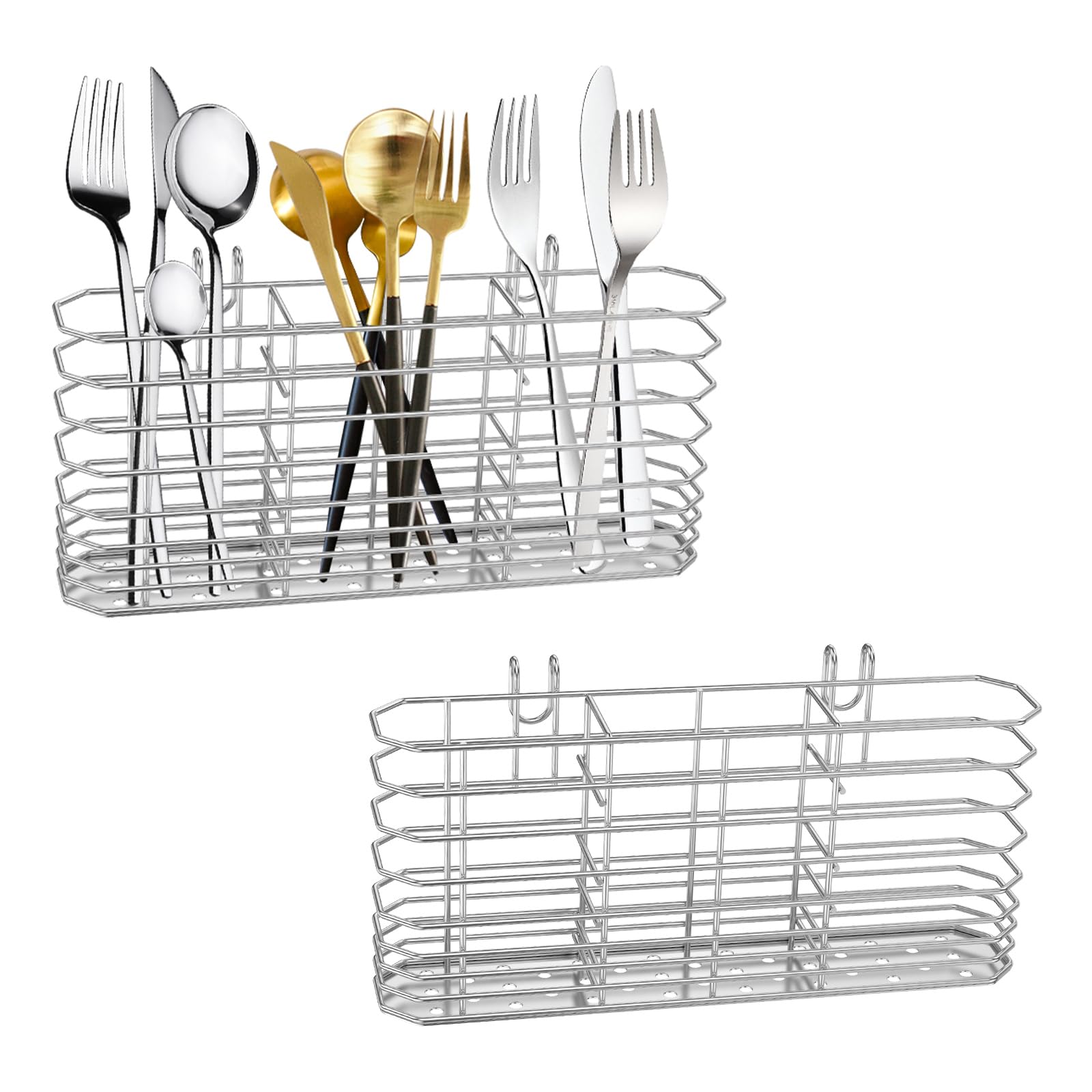 2Pcs Stainless Steel Utensil Holder With Hooks, Dish Drying Rack Cutlery Holder, Kitchen Hanging Basket for Knife Fork Spoon, Quick Drying Compartmental Utensil Drainage Rack Sink Organizer