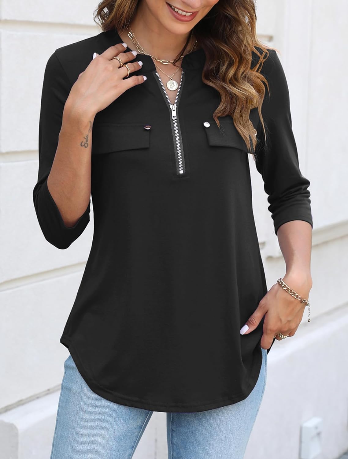 Halife Women's 3/4 Length Sleeve V Neck Flowy Tunic Blouses Work Tops Shirts with Zippers - Image 4