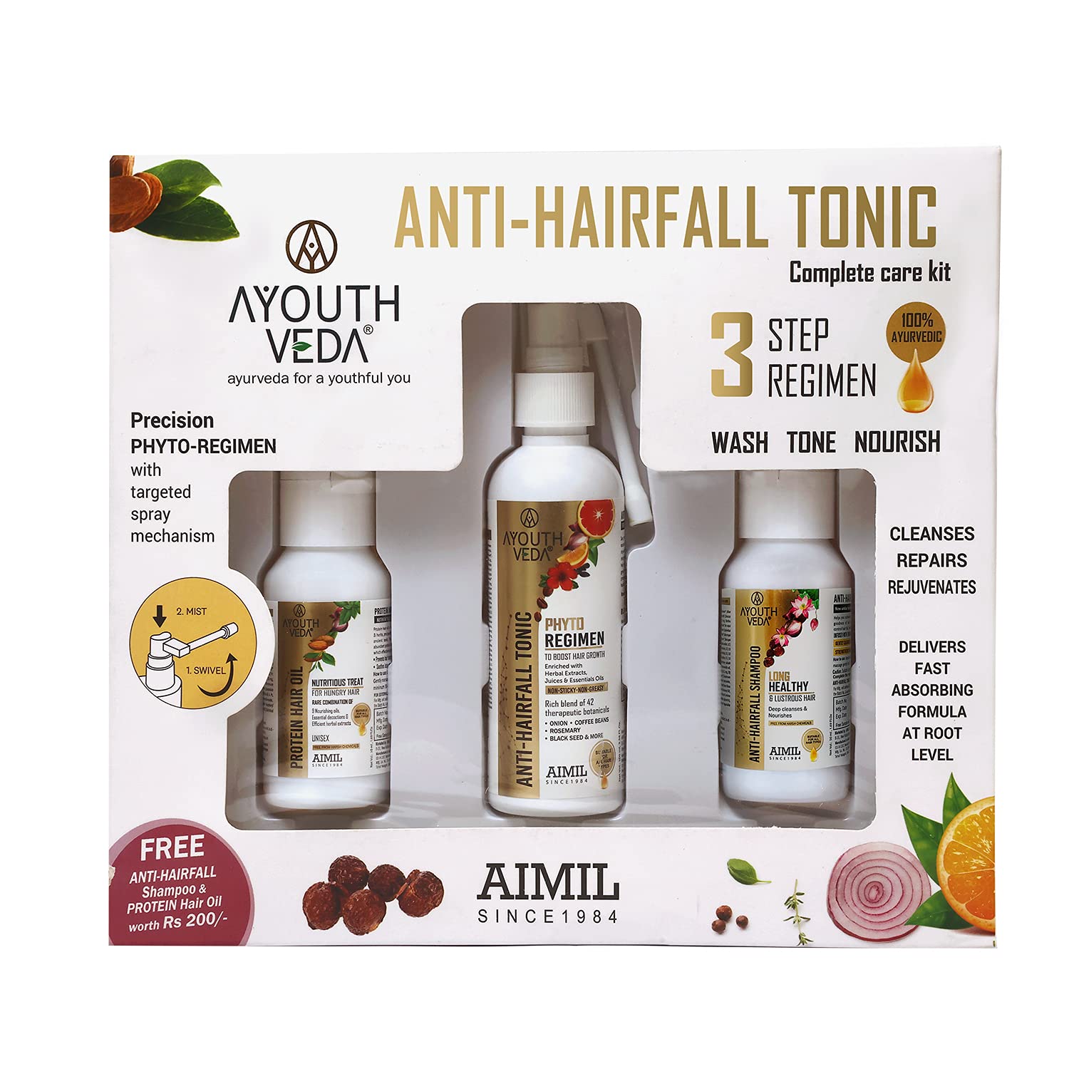 Ayouthveda Hair fall Kit | 3 Step Hair Care Regimen Wash, Tone & Nourish | Rich Blend of Coffee, Fenugreek Seeds & Onion Seeds | For Hair Growth (Pack of 200ml)-image-45