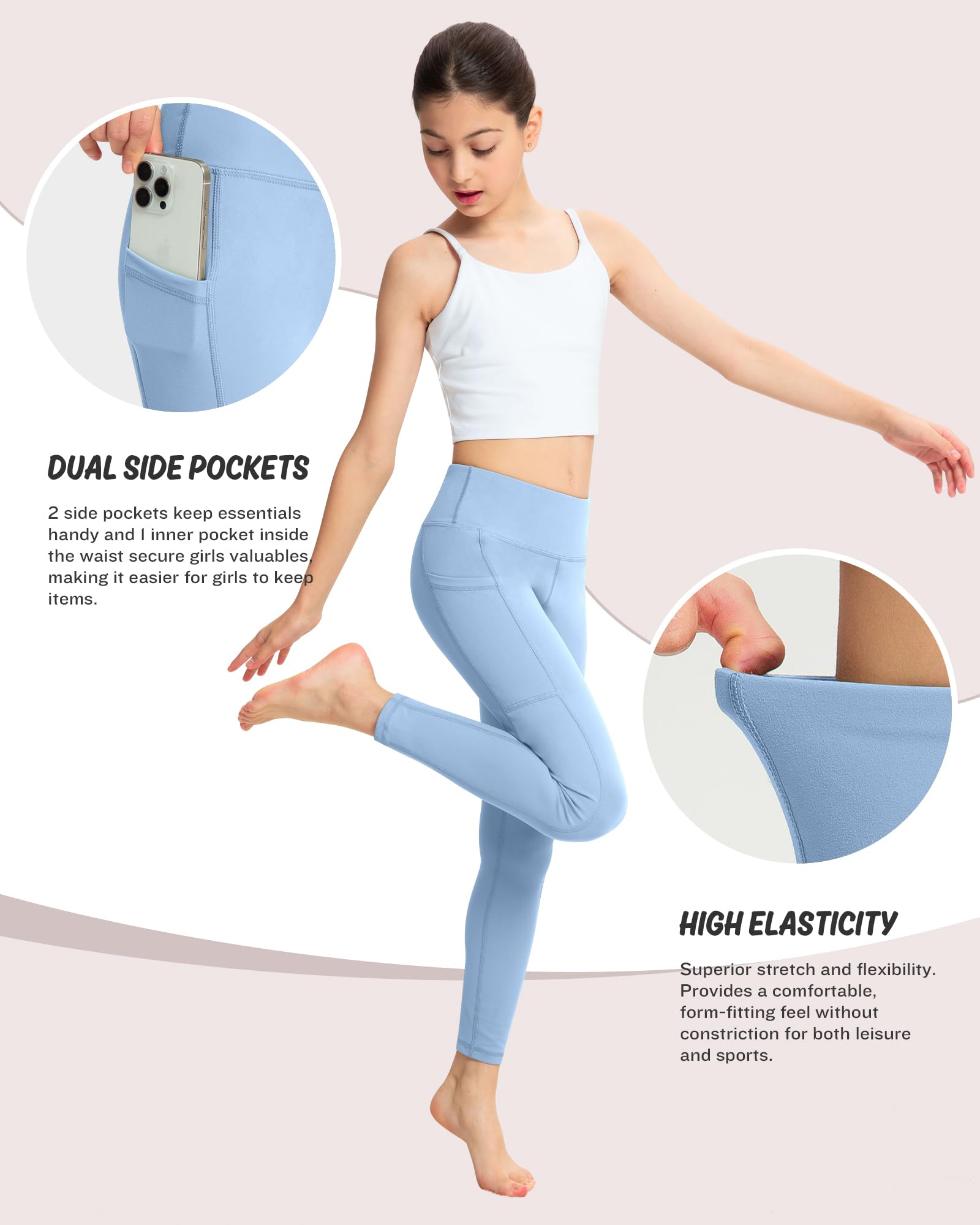 ATHVOTAR Girls Leggings with Pockets: High Waisted Yoga Workout Athletic Dance Running Pants 4 Packs Black/Pink/Pure Blue/Mint XL