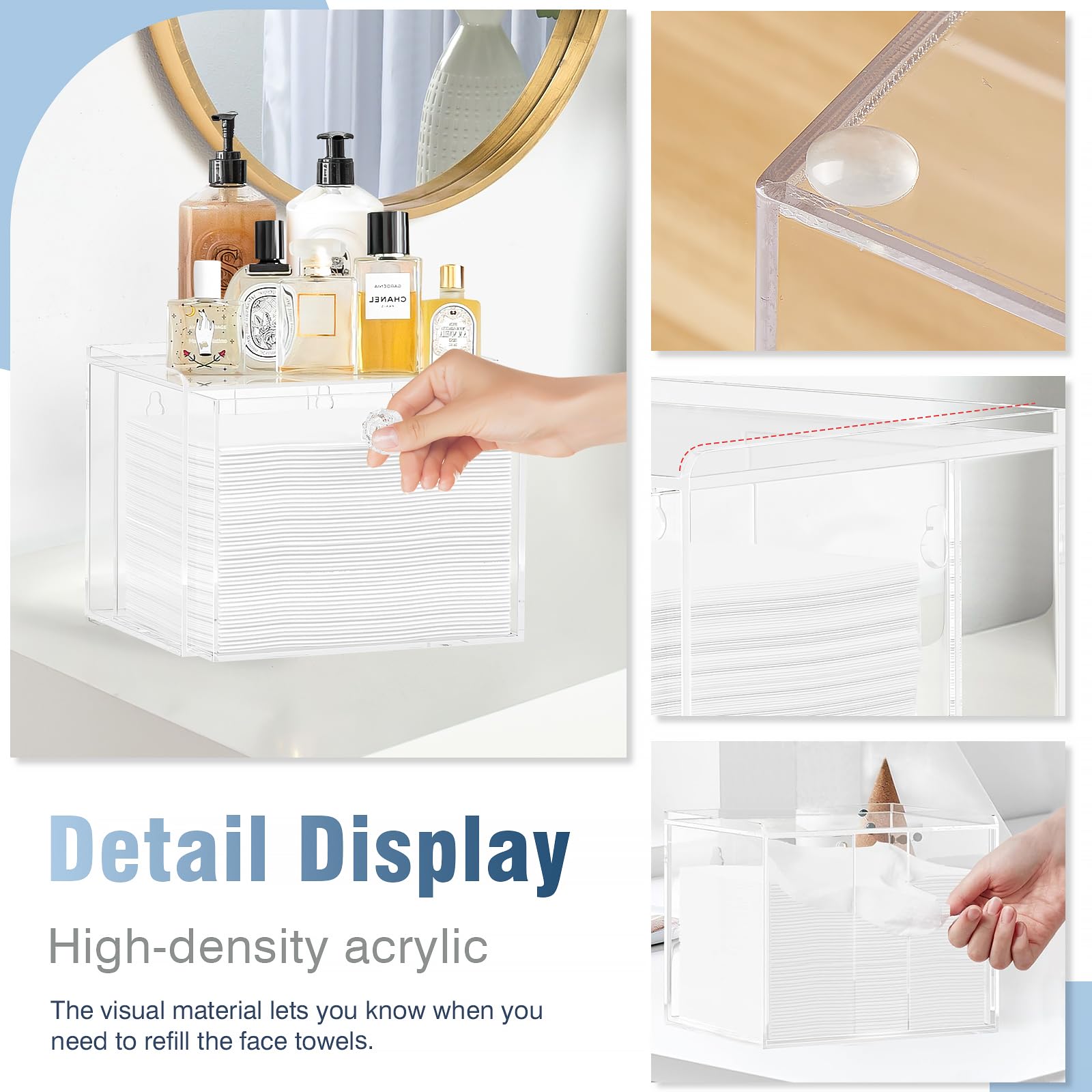 Caja desechable para toallas faciales con cajón, contenedores de almacenamiento acrílicos compatibles con toallas faciales limpias Clean Skin Club, organizador de maquillaje transparente para