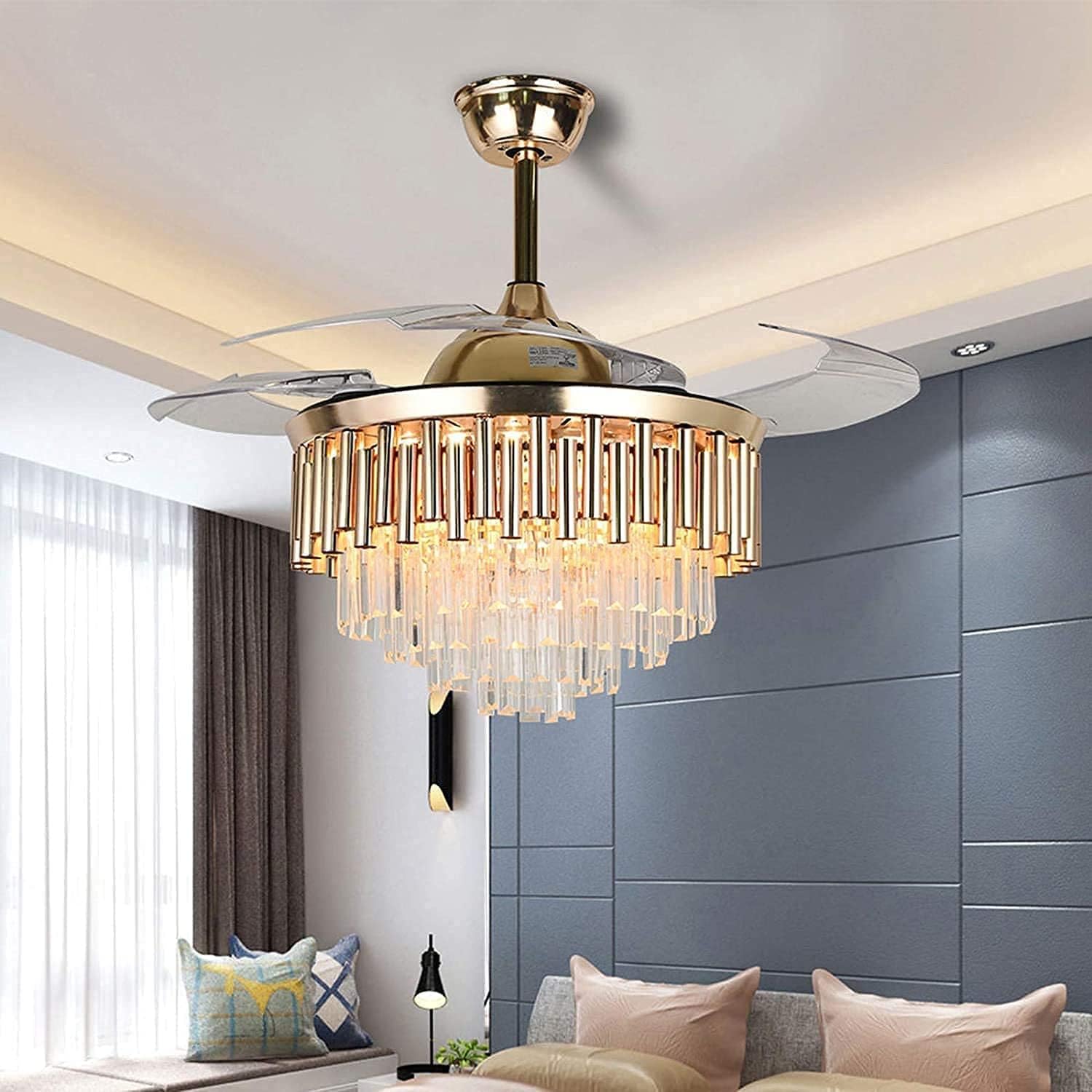 Crystal Ceiling Fans Chandelier Indoor with LED Light 3 Colors Gold Fandelier with Retractable Blades 3 Speeds for Living Room Bedroom