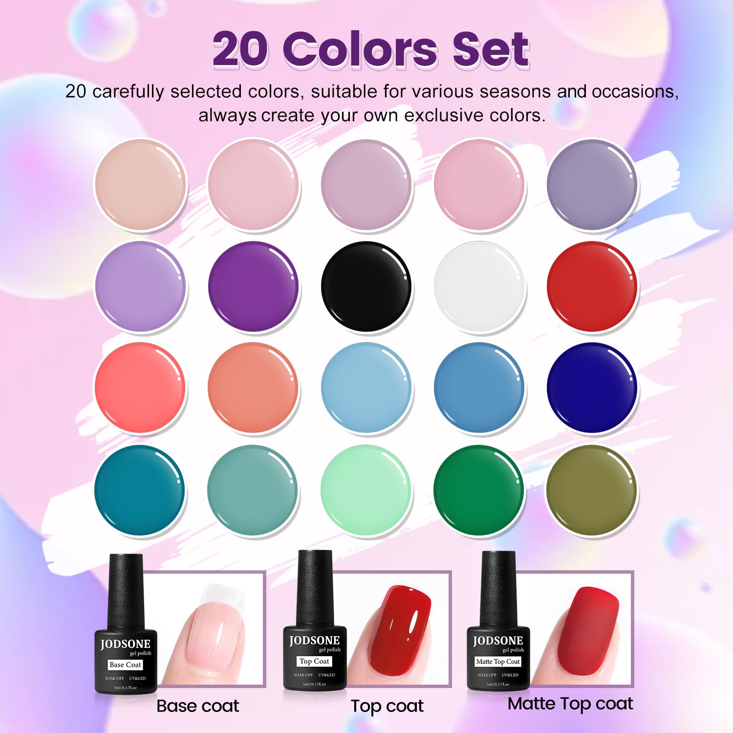 JODSONE Gel Nail Set 20 Colors High Shine Gorgeous Gel Polish Base Top Matte Coat Nice Gifts Show Charm