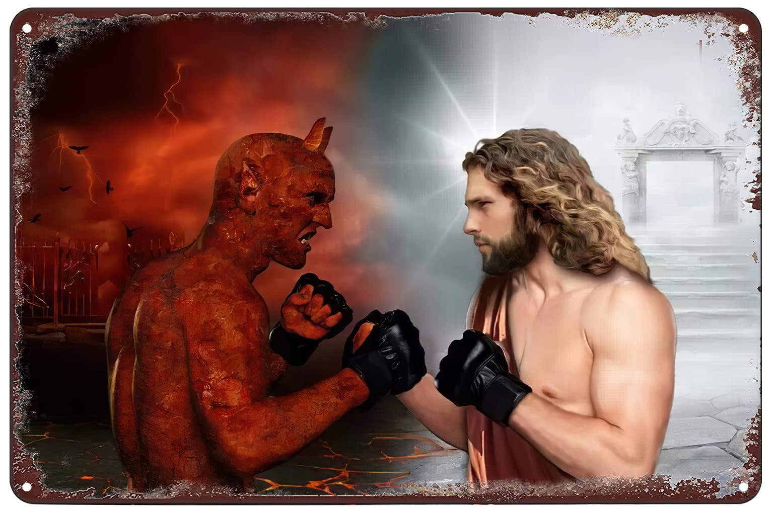Preeklen Tin Sign 067 Jesus Christ Vs Devil Satan Fighting Metal Poster Boxing Tin Sign Vintage Wall Art Decor Plaque For Home Bar Club Living Room Garage Man Cave Gift 6X8 Inch