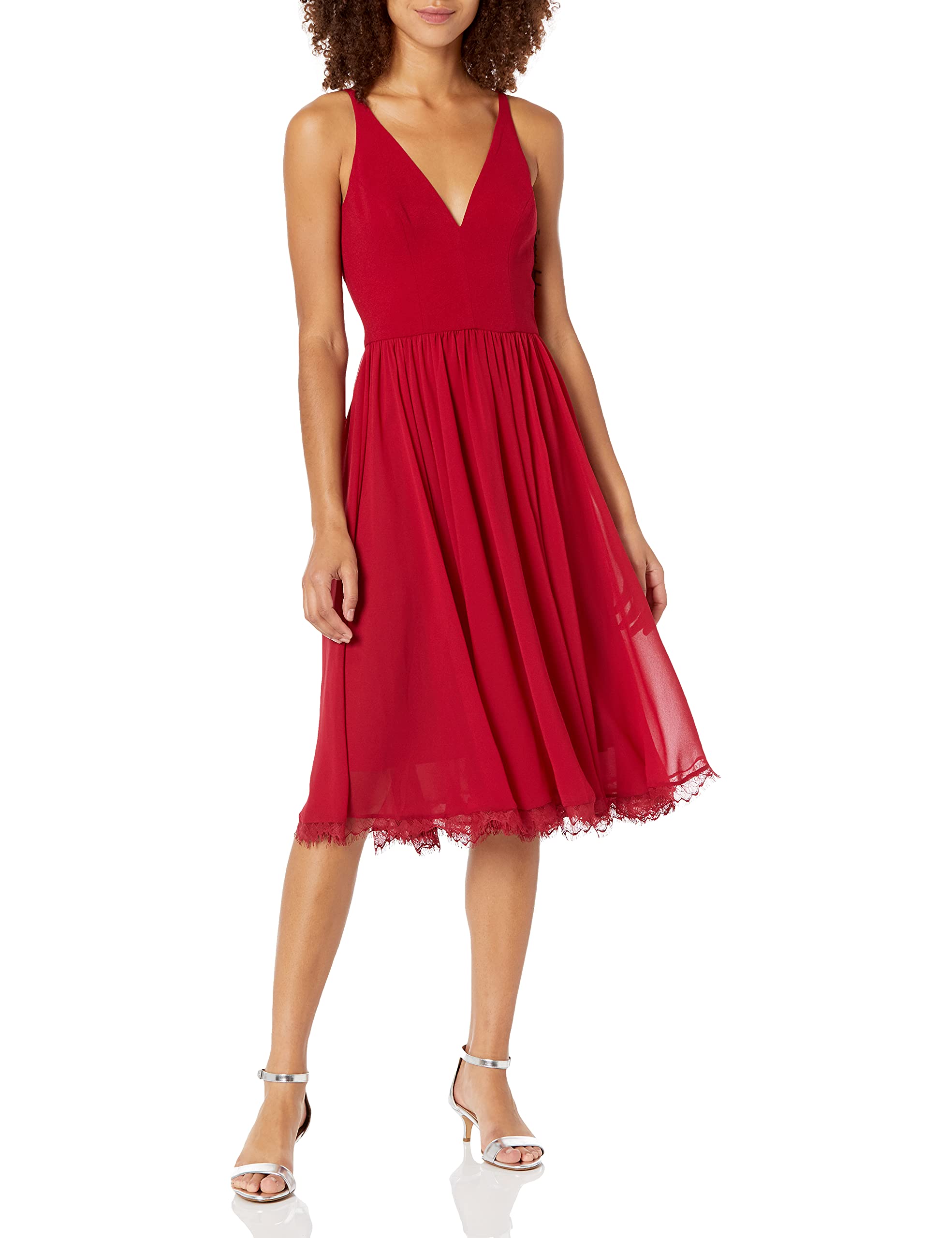Dress the Population Women's Alicia Plunging Mix Media Sleeveless Fit and Flare Midi Dress