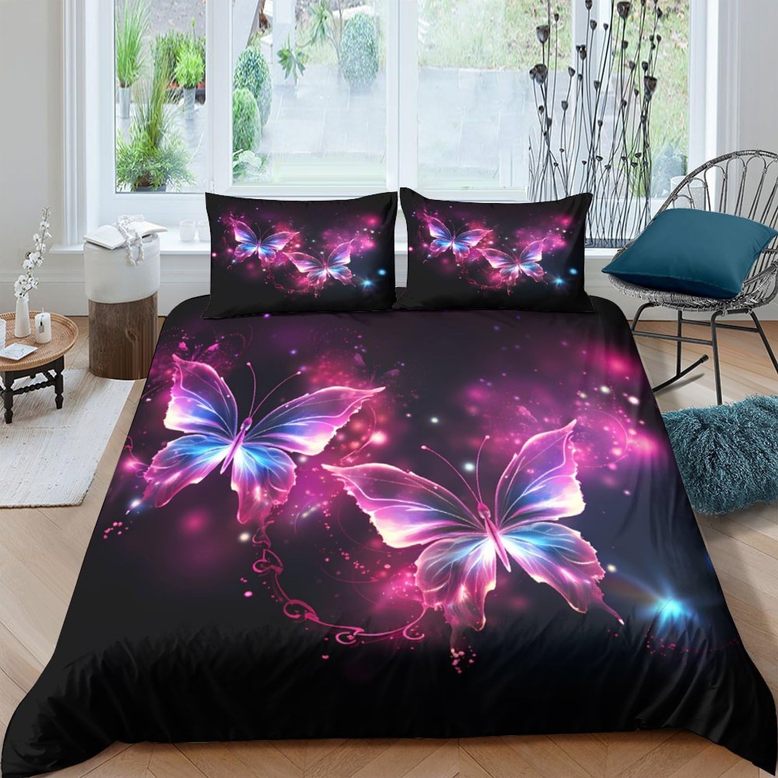 GPLZQXKJNH 3D Printed Purple Butterfly Duvet Cover Microfiber Soft Breathable Nebula Quilt Cover Set with 2 Pillowcases for Bedroom Home Decor Single（135x200cm）