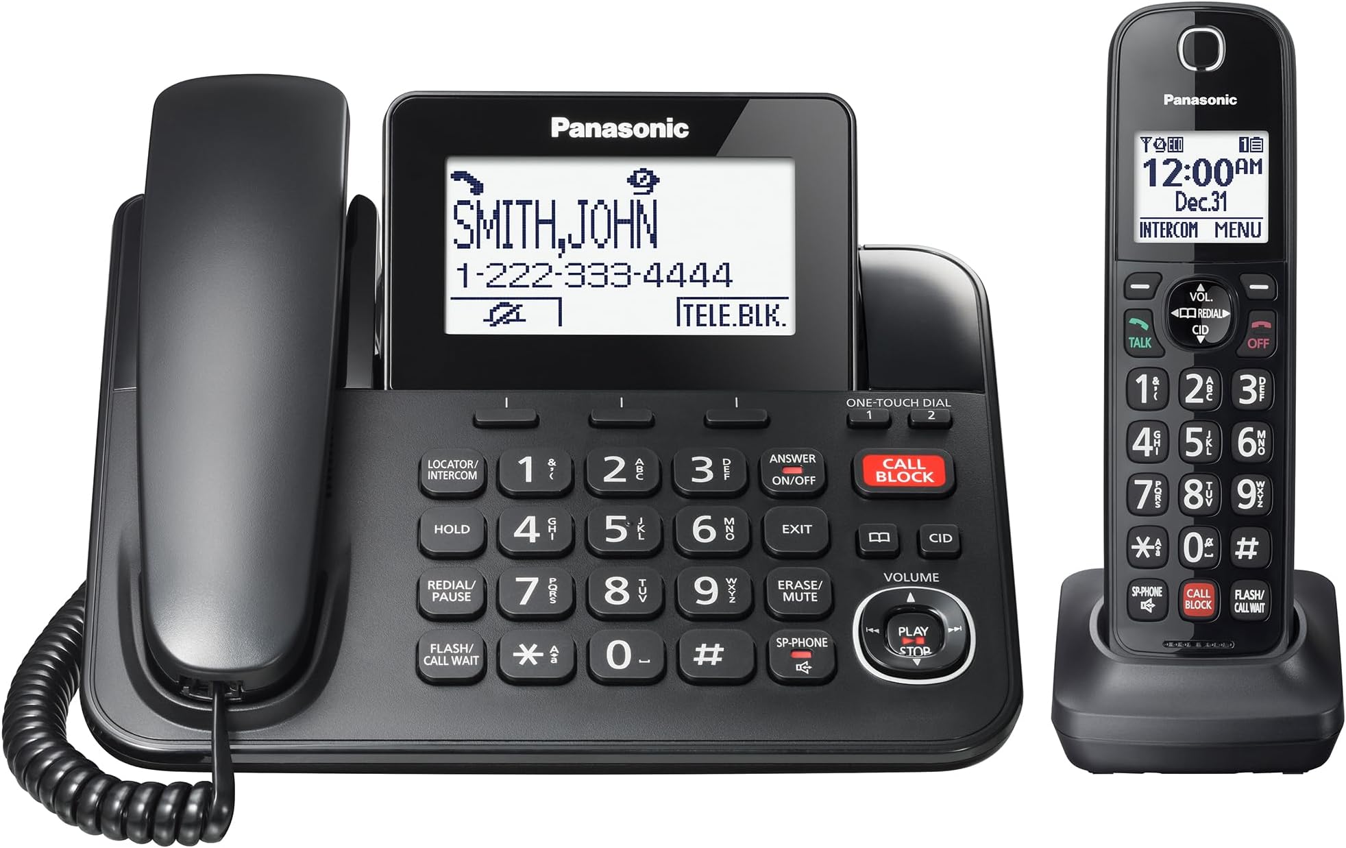 Panasonic KX-TGF850B Cord/Cordless Phone with Extended Call Block, 2-Way Recording and Digital Answering Machine, 1 Handset Expandable up to 6 Cordless Handsets