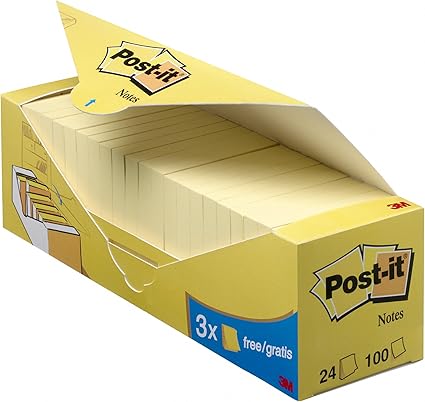 Post-it Pack-caja 24 Blocs Notas 654 Canary Yellow. 100 hojas/bloc no encelofanados. 21+3 GRATIS