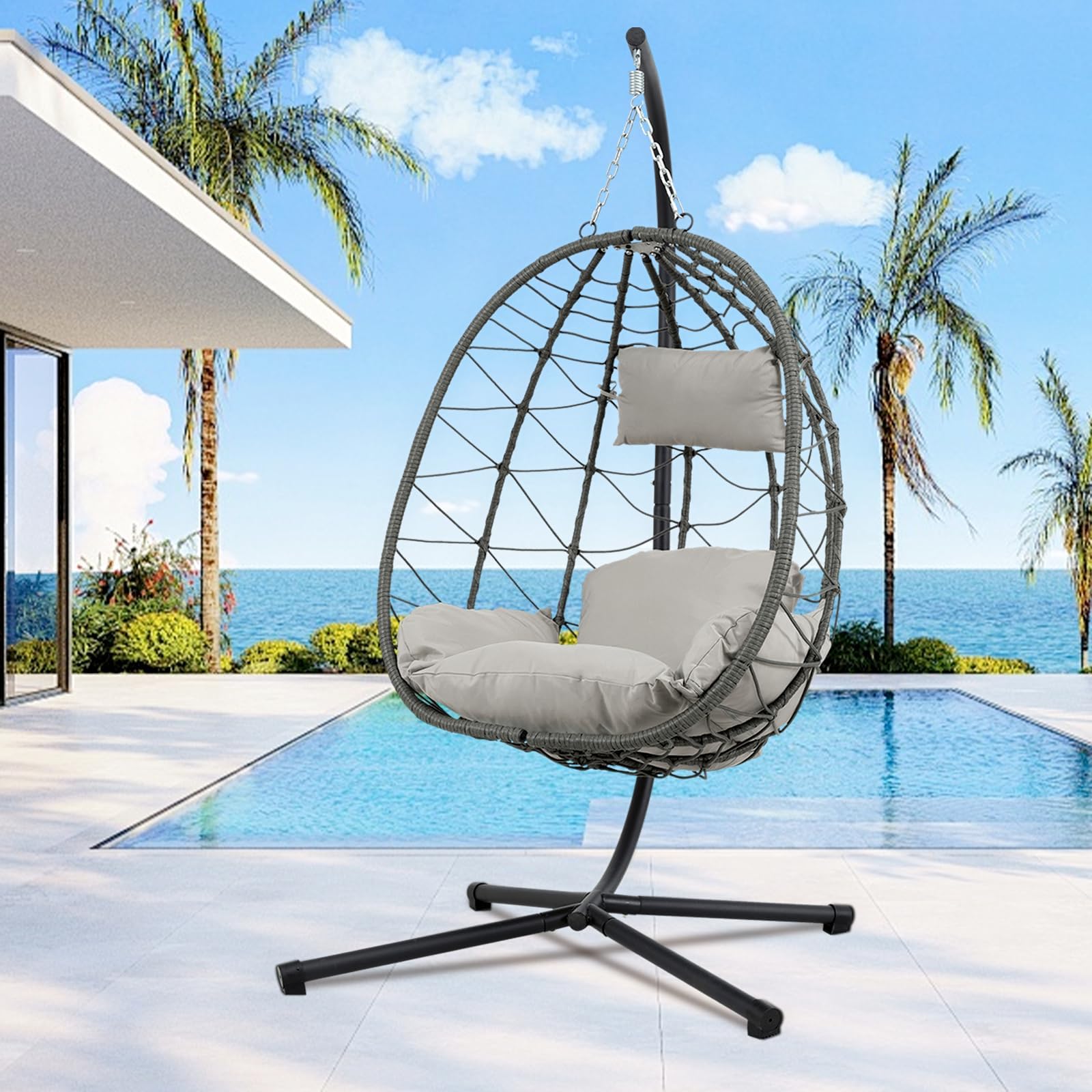 Egg Chair Indoor Outdoor, Foldable Hanging Egg Chair with Stand, Patio Swing Egg Chairs, UV Resistant Removable &Washable Thicken Padded Cushions, 350LBS Capacity for Bedroom, Balcony, Grey